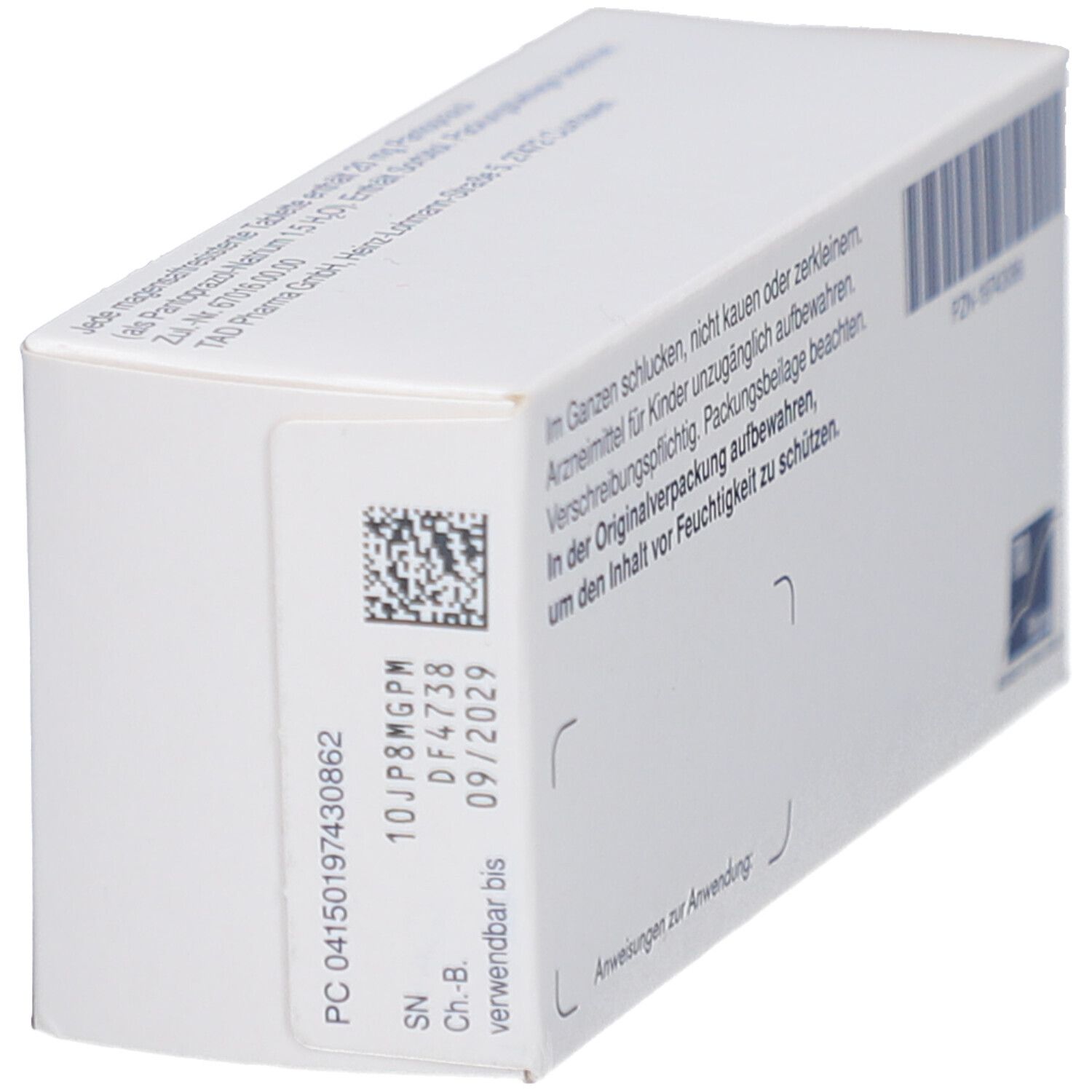 Seite der Schachtel PANTOPRAZOL TAD 20 mg. Aufdruck: Chargennummer, Verfallsdatum 09/2029. Barcode.