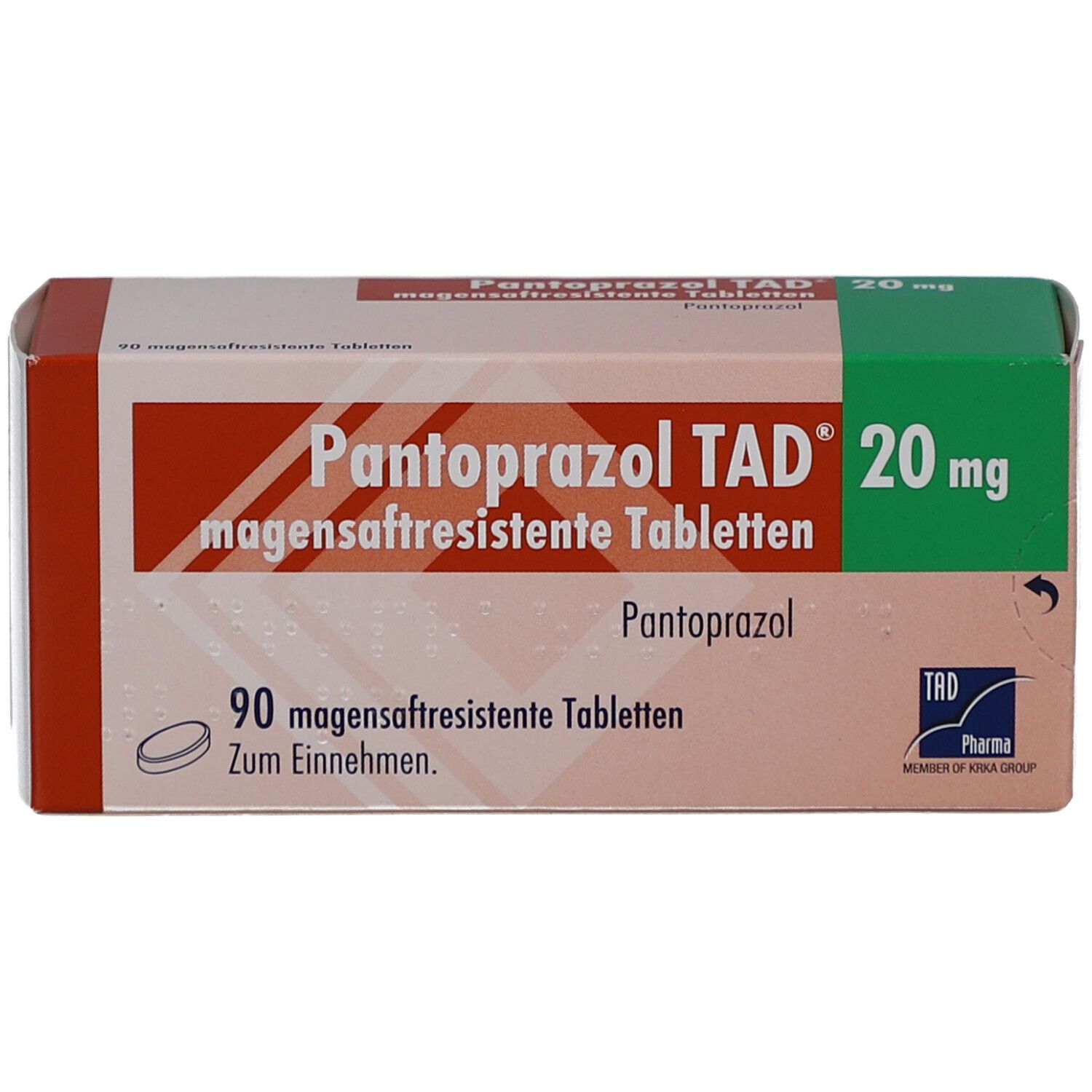 Schachtel PANTOPRAZOL TAD 20 mg. Aufschrift: 90 magensaftresistente Tabletten. Logo TAD Pharma.