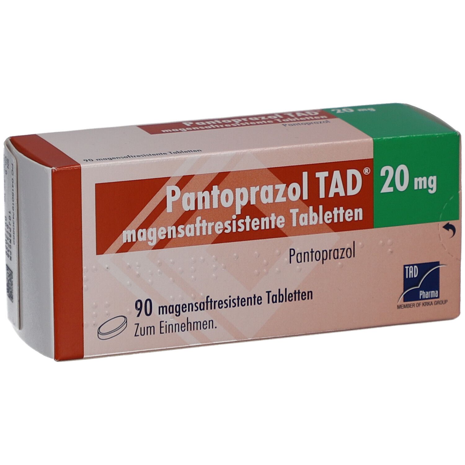 Schachtel PANTOPRAZOL TAD 20 mg. Aufschrift: 90 magensaftresistente Tabletten. Logo TAD Pharma.