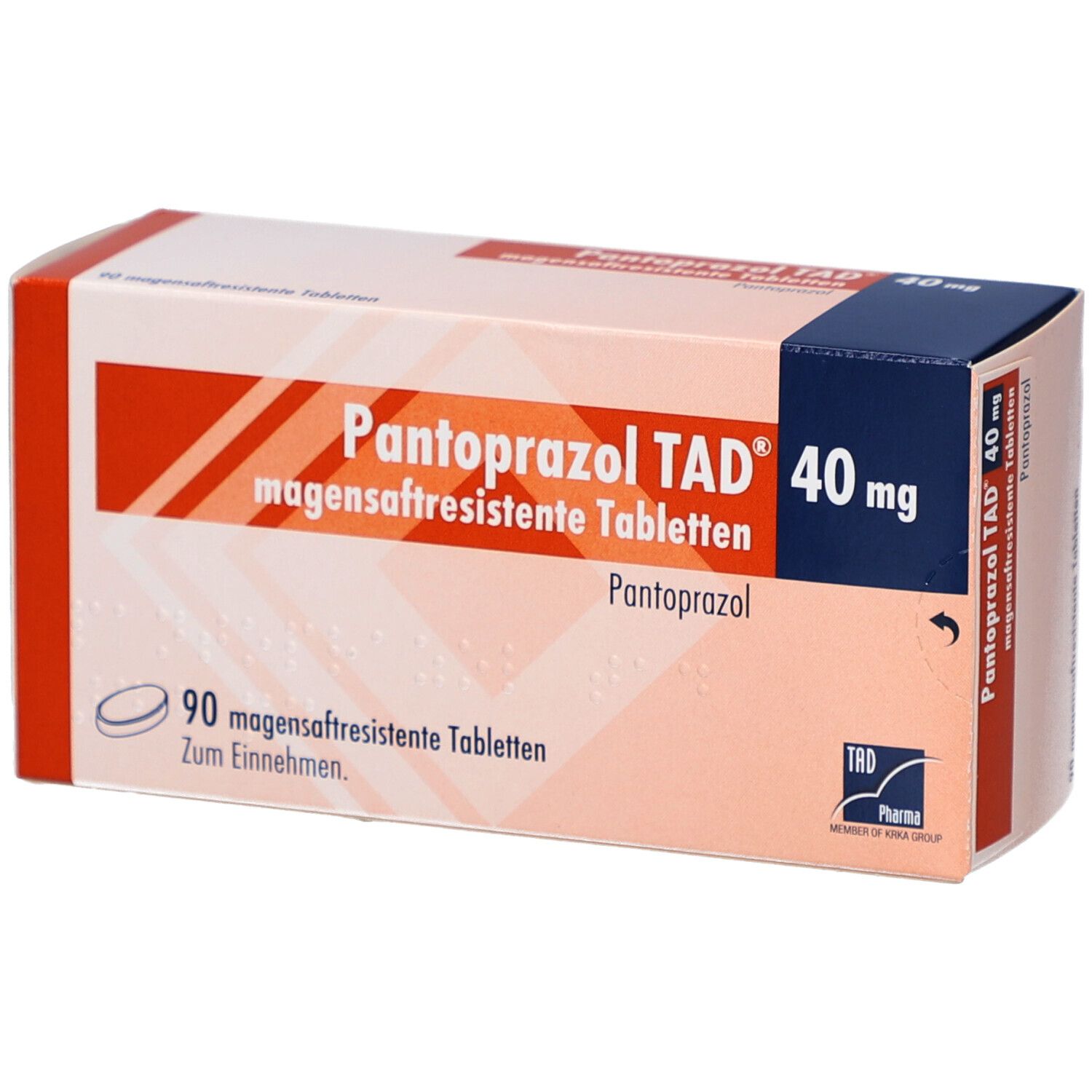 Schachtel mit PANTOPRAZOL TAD 40 mg magensaftres. Tabletten. Enthält 90 Tabletten. Orange, weiß und blau. TAD Pharma Logo.