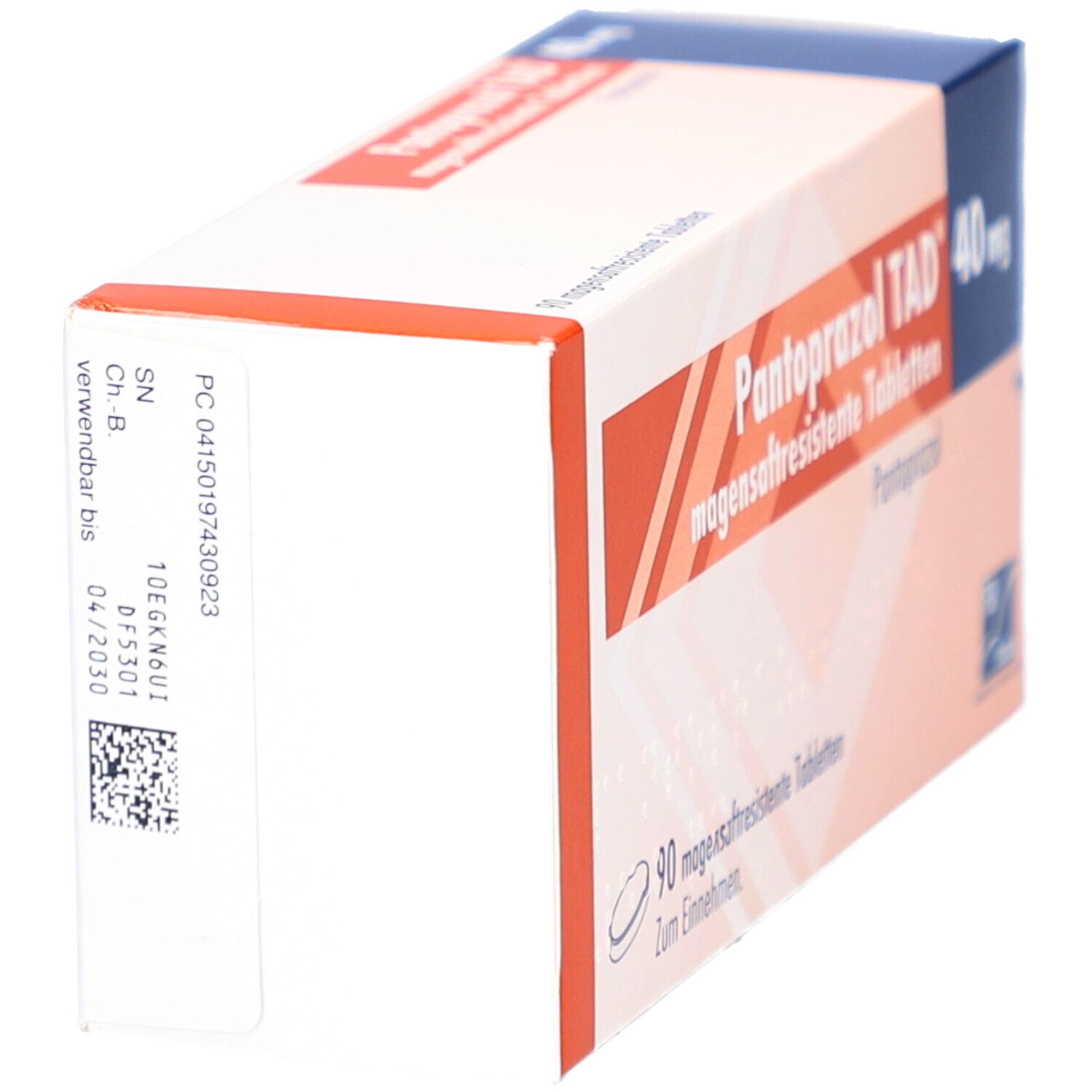 Schachtel PANTOPRAZOL TAD 40 mg. Seitenansicht mit Text und Barcode. Verfallsdatum 04/2020. TAD Pharma Logo.