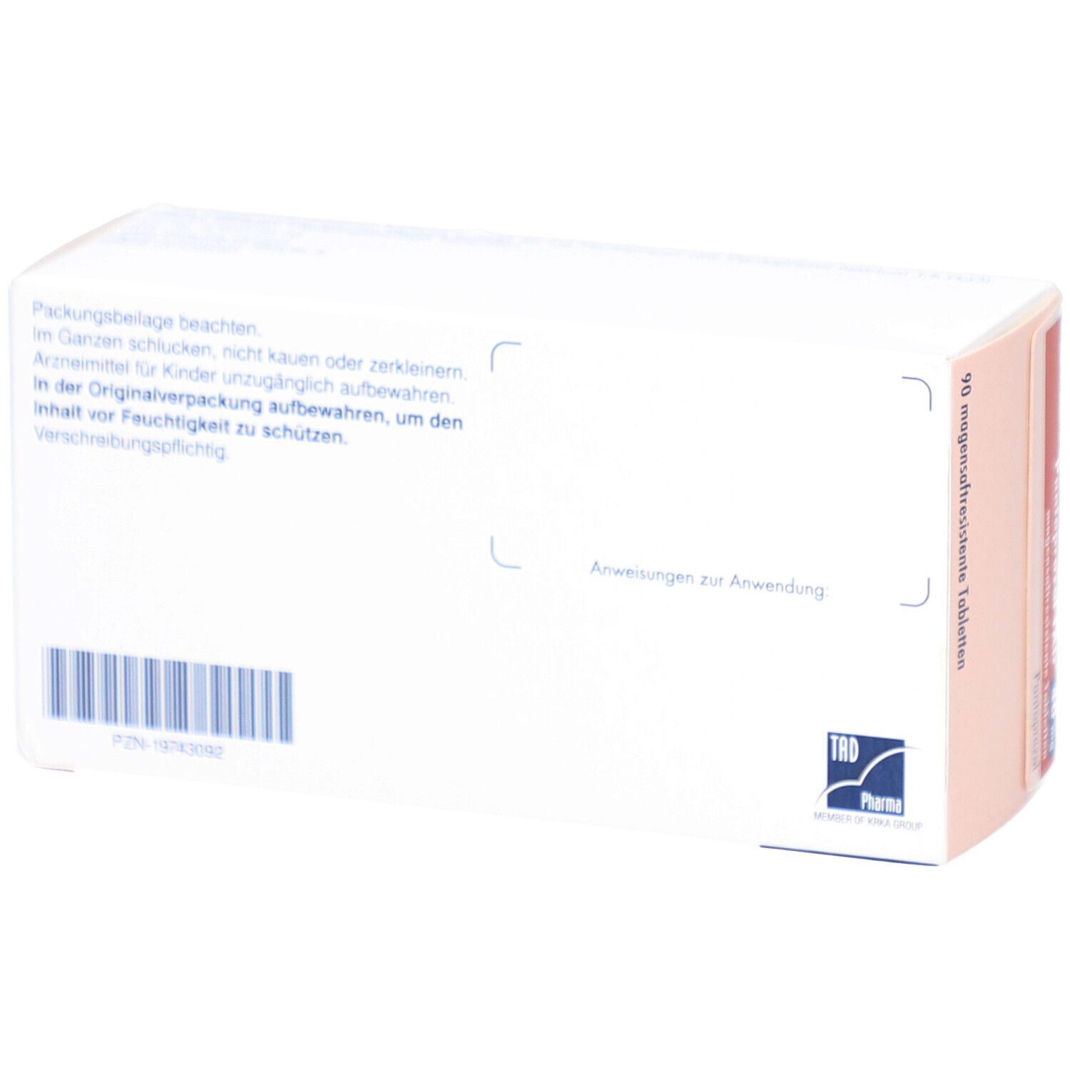 Rückseite der Schachtel mit Text. Anweisungen zur Anwendung. TAD Pharma Logo. Barcode.
