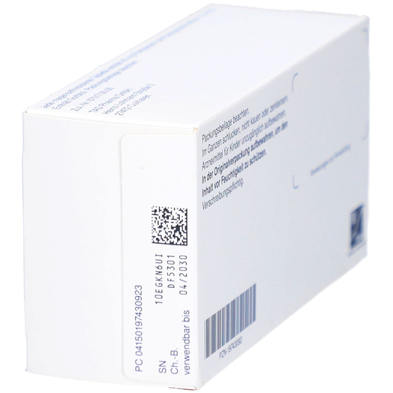 Schachtel PANTOPRAZOL TAD 40 mg. Seitenansicht mit Text und Barcode. Verfallsdatum 04/2020. TAD Pharma Logo.