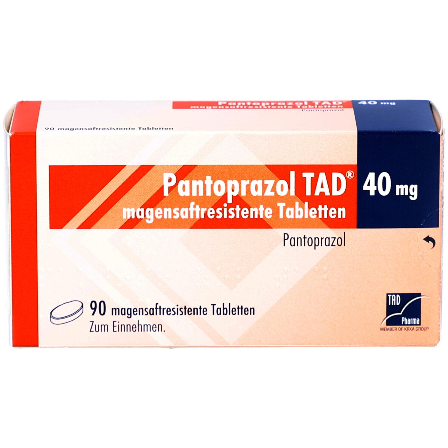 Schachtel PANTOPRAZOL TAD 40 mg magensaftres. Tabletten. Enthält 90 Tabletten. Orange, weiß und blau. TAD Pharma Logo.