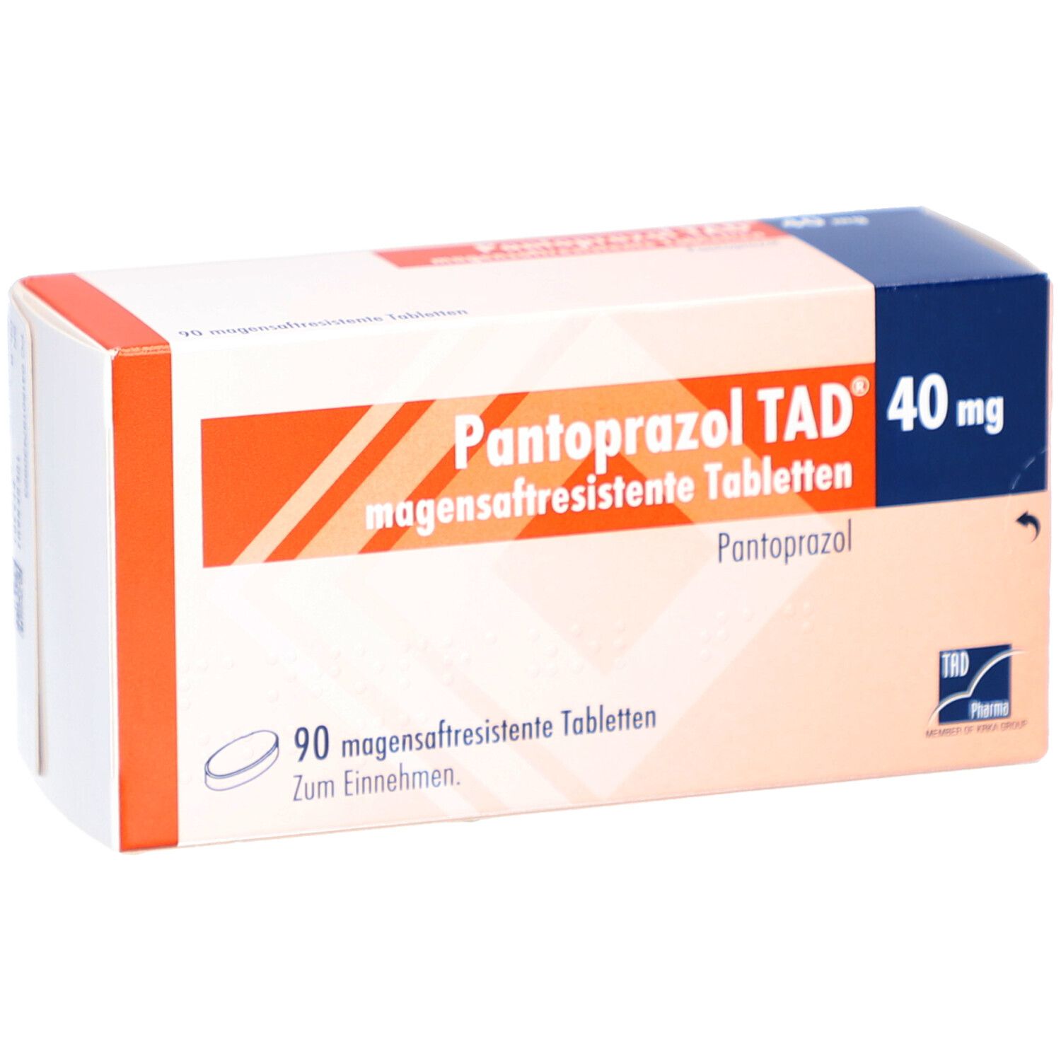 Schachtel PANTOPRAZOL TAD 40 mg magensaftres. Tabletten. Enthält 90 Tabletten. Orange, weiß und blau. TAD Pharma Logo.