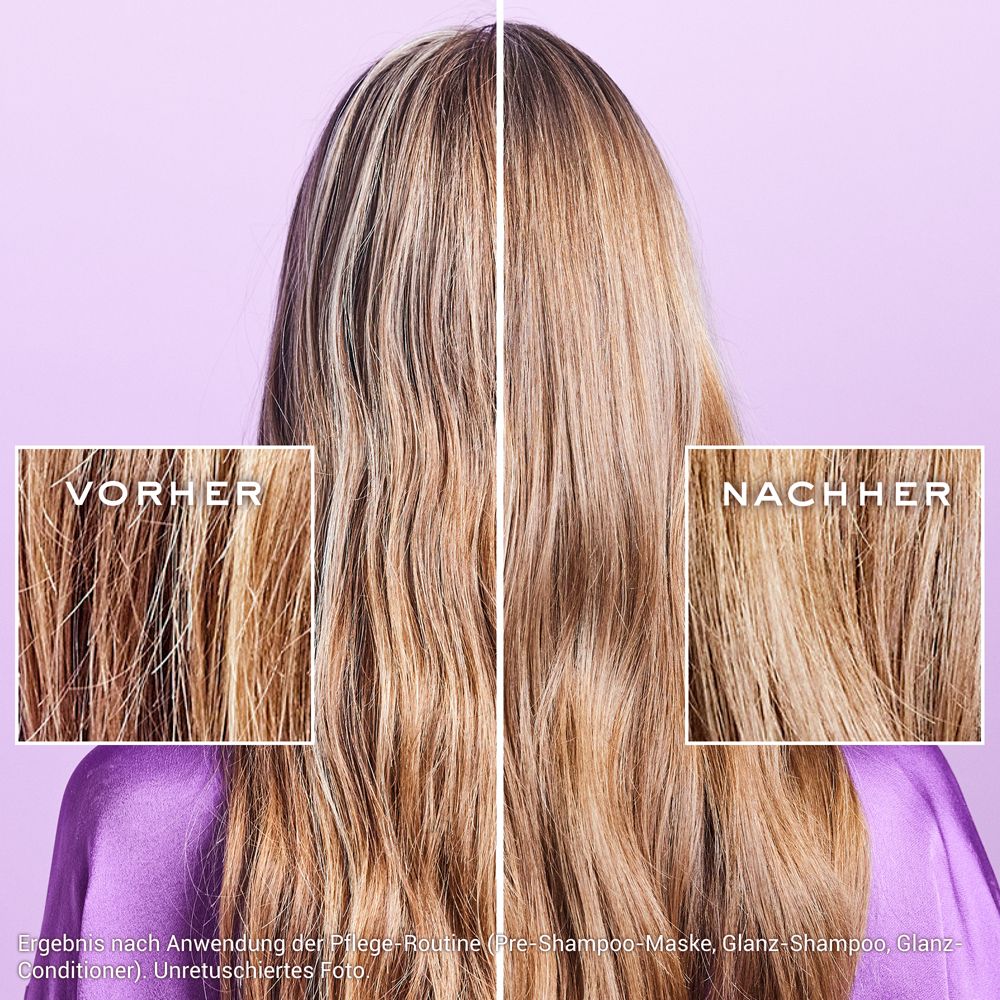 Vorher-Nachher-Vergleich von Haar. Links: Vorher. Rechts: Nachher. Haare sind heller und glänzender.
