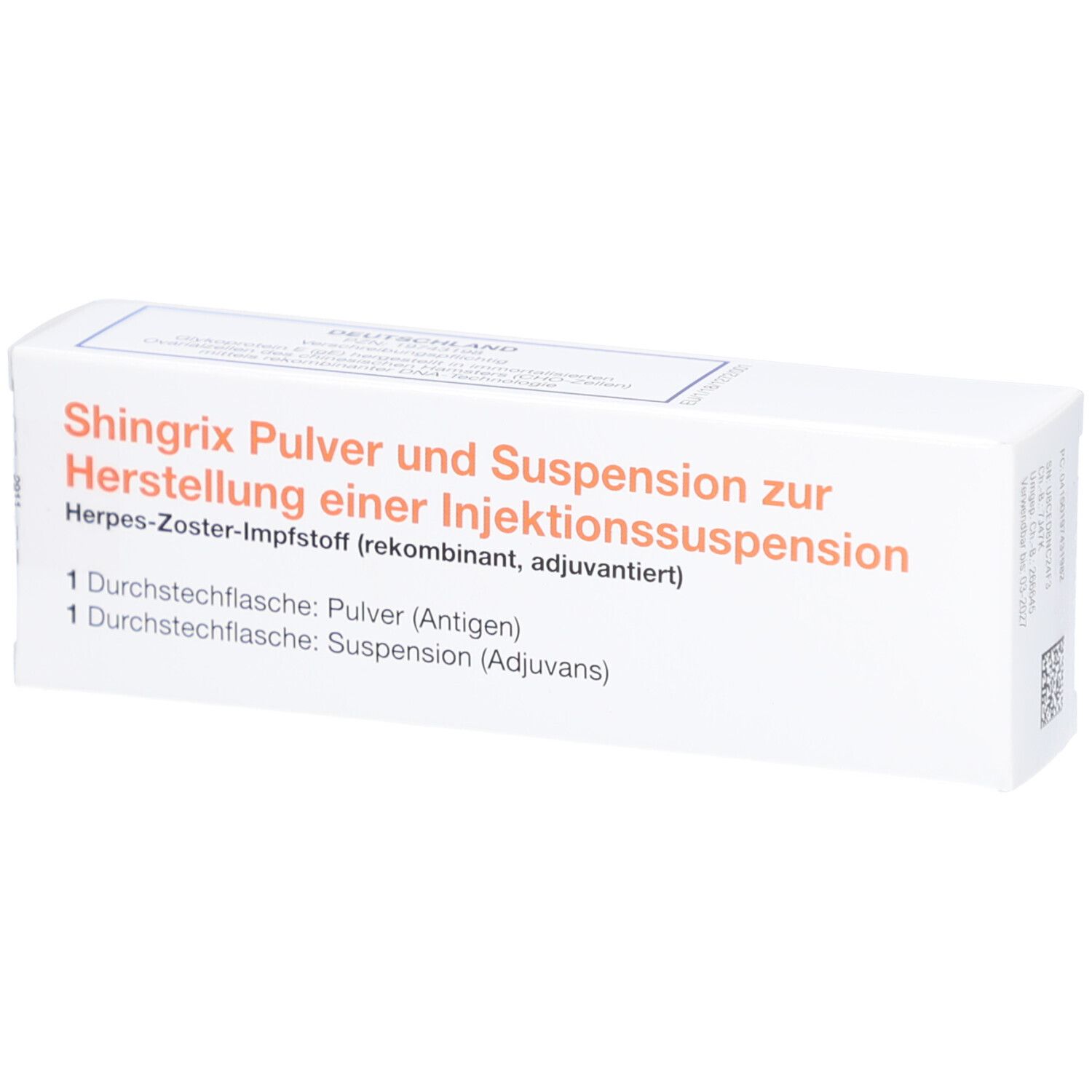 Schachtel mit Produktinformationen. Aufschrift: Shingrix Pulver und Suspension zur Herstellung einer Injektionssuspension.