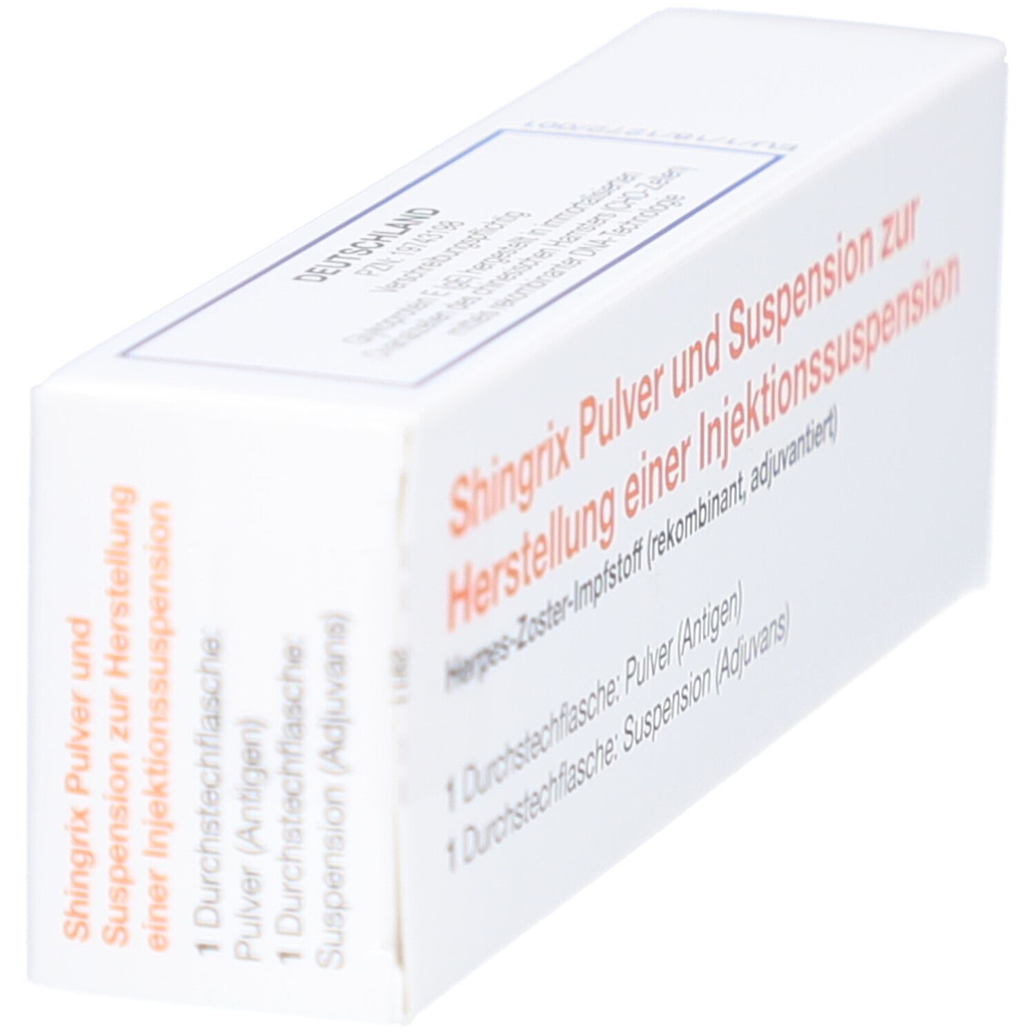 Schachtel, schräg von oben. Aufschrift: Shingrix Pulver und Suspension zur Herstellung einer Injektionssuspension.