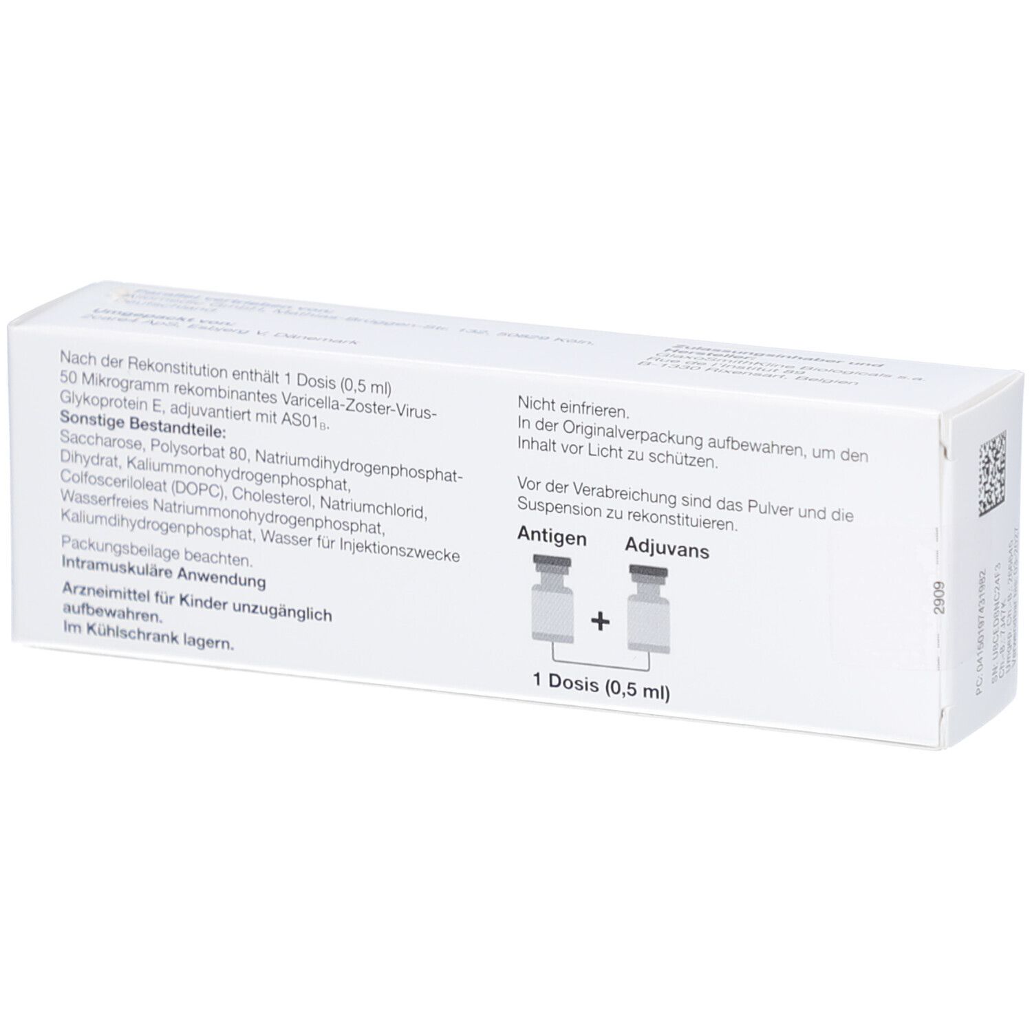 Schachtelrückseite mit Inhaltsangaben und Abbildung von zwei Fläschchen. Text: 1 Dosis (0,5 ml).