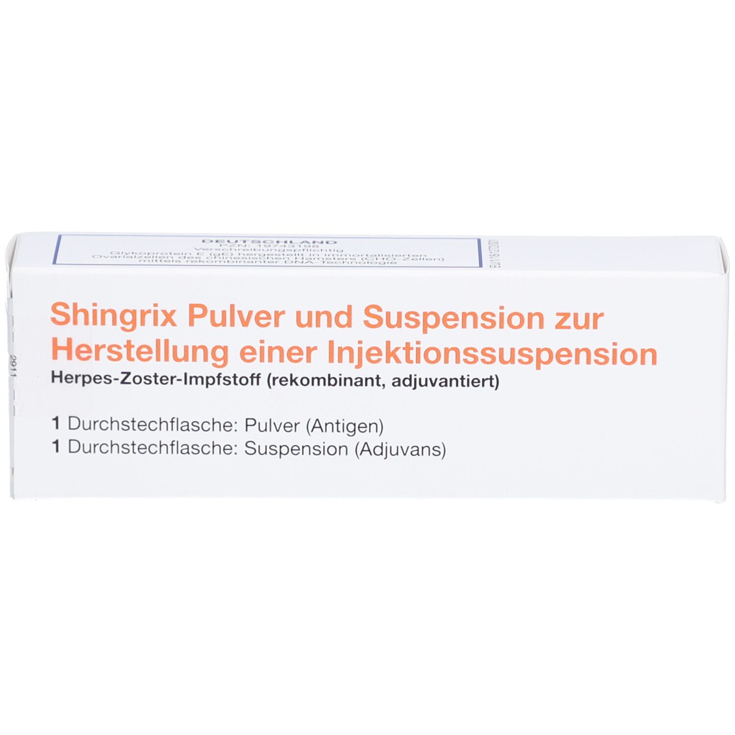 Schachtel mit Produktinformationen. Aufschrift: Shingrix Pulver und Suspension zur Herstellung einer Injektionssuspension.