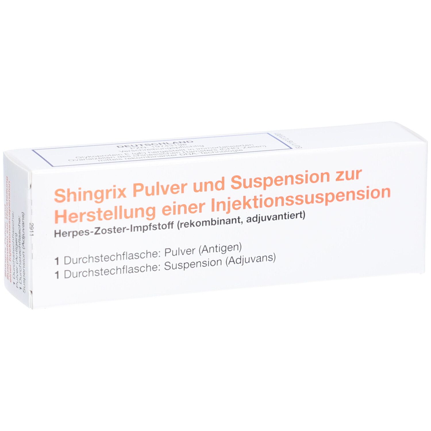 Schachtel mit Produktinformationen. Aufschrift: Shingrix Pulver und Suspension zur Herstellung einer Injektionssuspension.