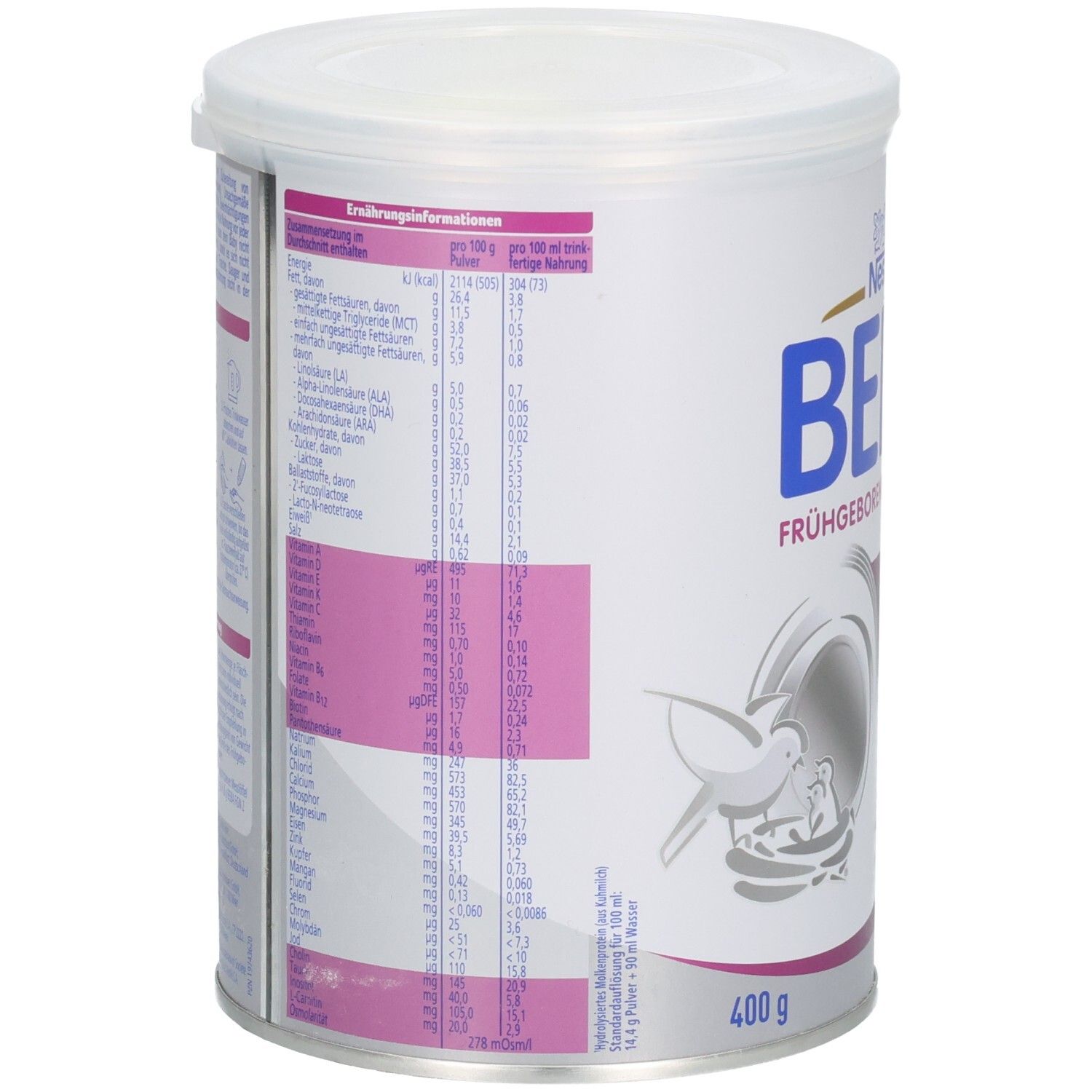 Dose BEBA Frühgeborenennahrung Stufe 2, Seitenansicht. Enthält Nährwertinformationen. Rosa Akzent. 400 g. Text in deutscher Sprache.