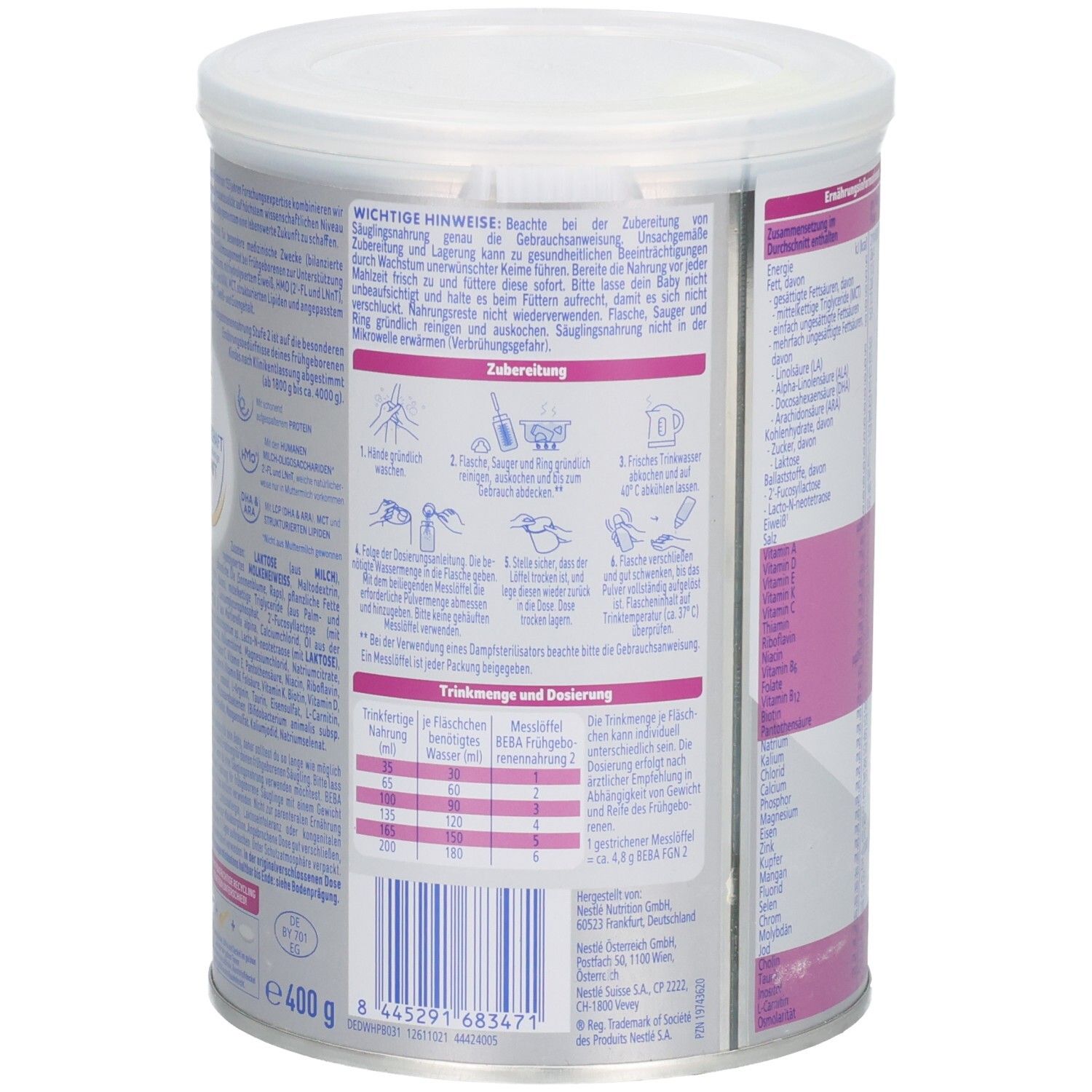 Rückseite der Dose BEBA Frühgeborenennahrung Stufe 2. Enthält Zubereitungsanweisungen und Dosierungstabellen. 400 g. Text in deutscher Sprache.