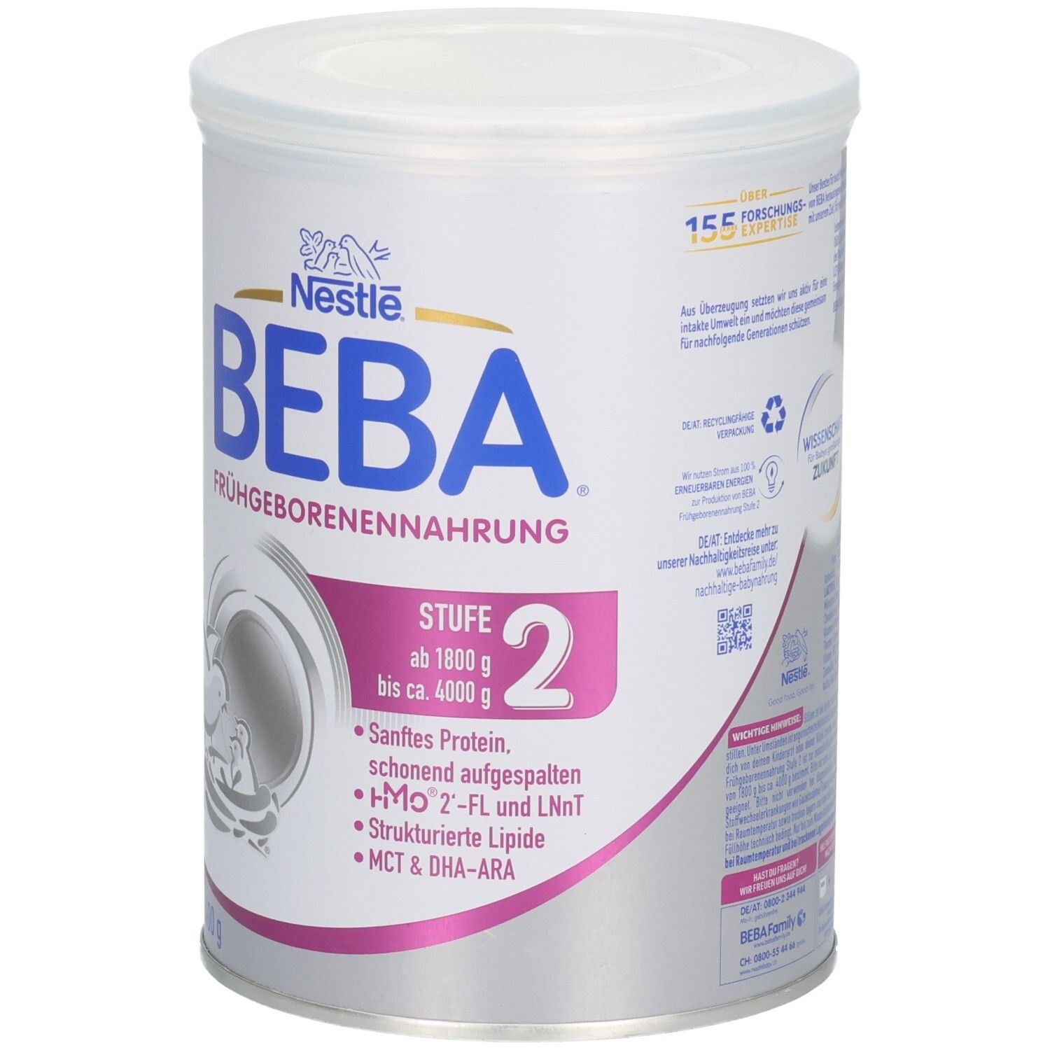 Dose BEBA Frühgeborenennahrung Stufe 2. Weißer Deckel, rosa Akzent. Enthält sanftes Protein, HMO 2'-FL und LNT, strukturierte Lipide, MCT & DHA-ARA. 400 g.