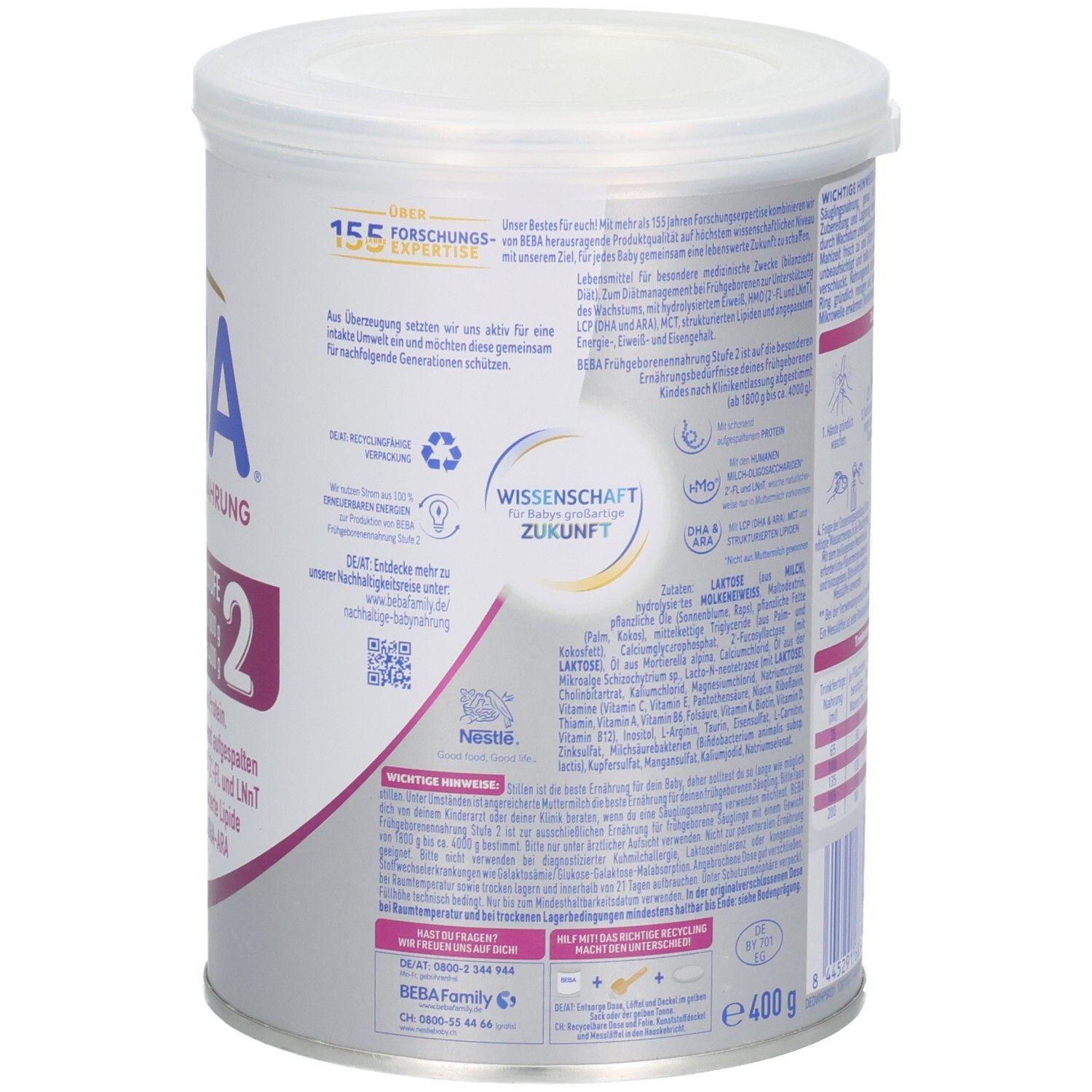 Rückseite der Dose BEBA Frühgeborenennahrung Stufe 2. Enthält Informationen zu Forschung und Inhaltsstoffen. 400 g. Text in deutscher Sprache.