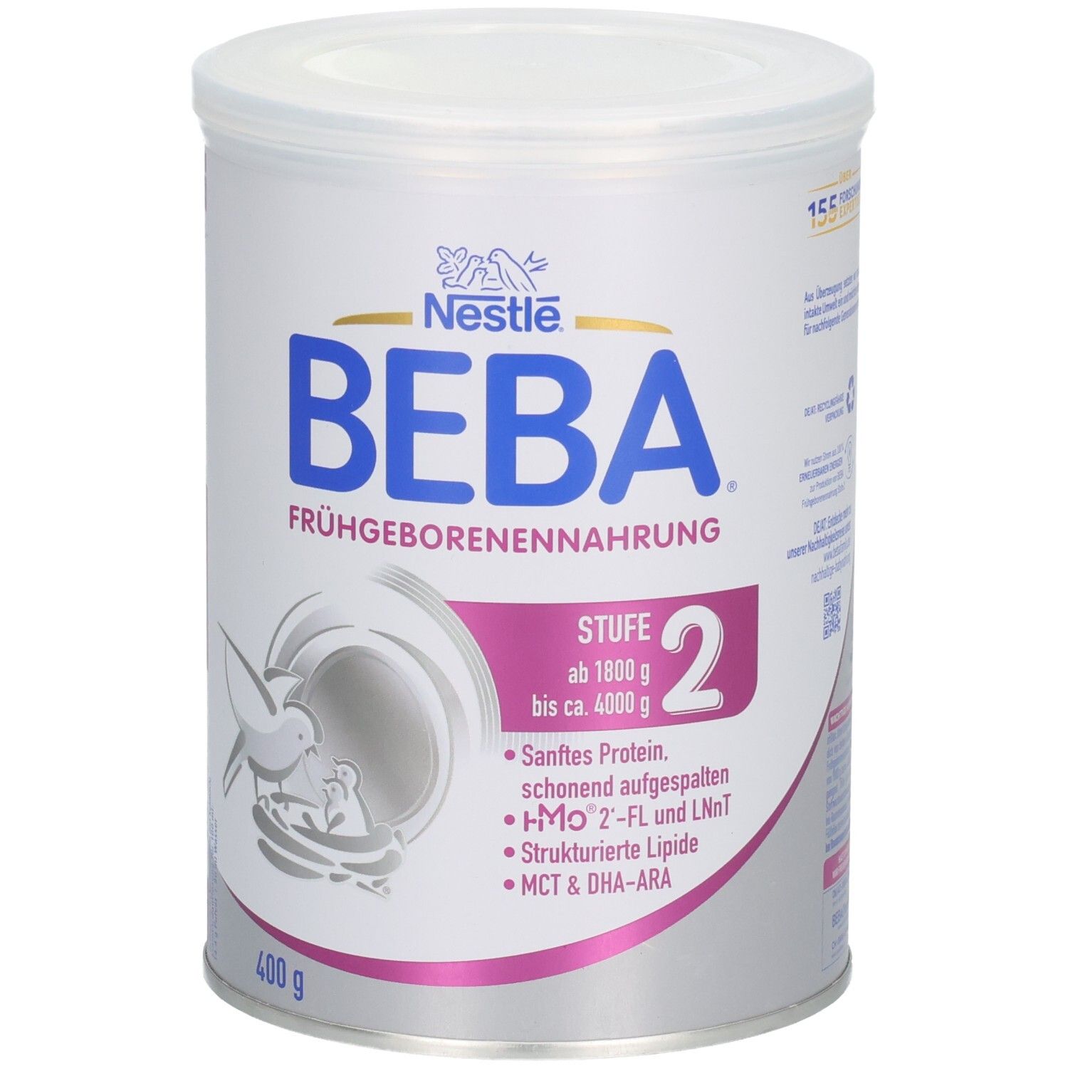 Dose BEBA Frühgeborenennahrung Stufe 2. Weißer Deckel, rosa Akzent. Enthält sanftes Protein, HMO 2'-FL und LNT, strukturierte Lipide, MCT & DHA-ARA. 400 g.