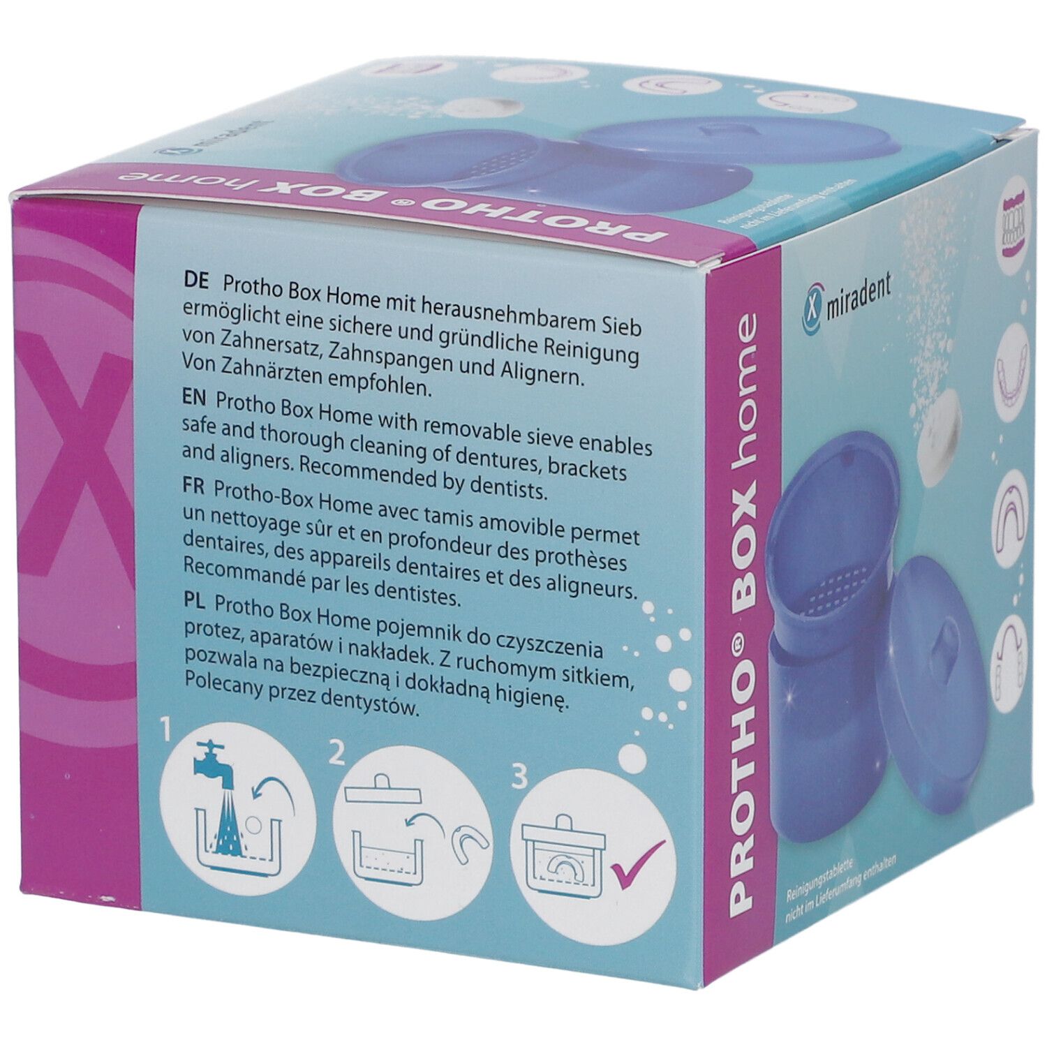 Verpackung der Protho Box Home. Rückseite mit Produktbeschreibung in Deutsch, Englisch, Französisch und Polnisch. Illustrationen.