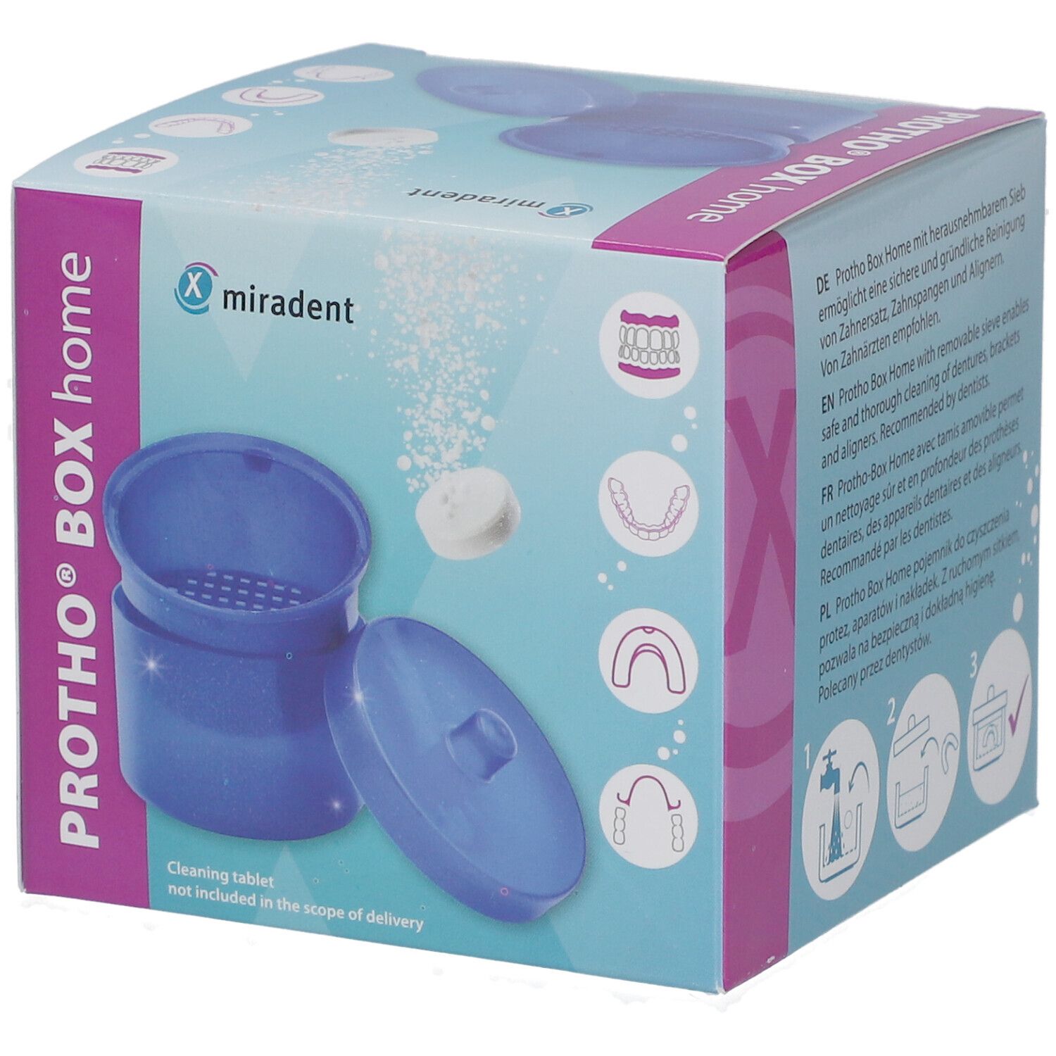 Protho Box Home in blau mit Deckel und Sieb. Reinigungstablette neben der Box. Verpackung mit Produktabbildungen und Logos.