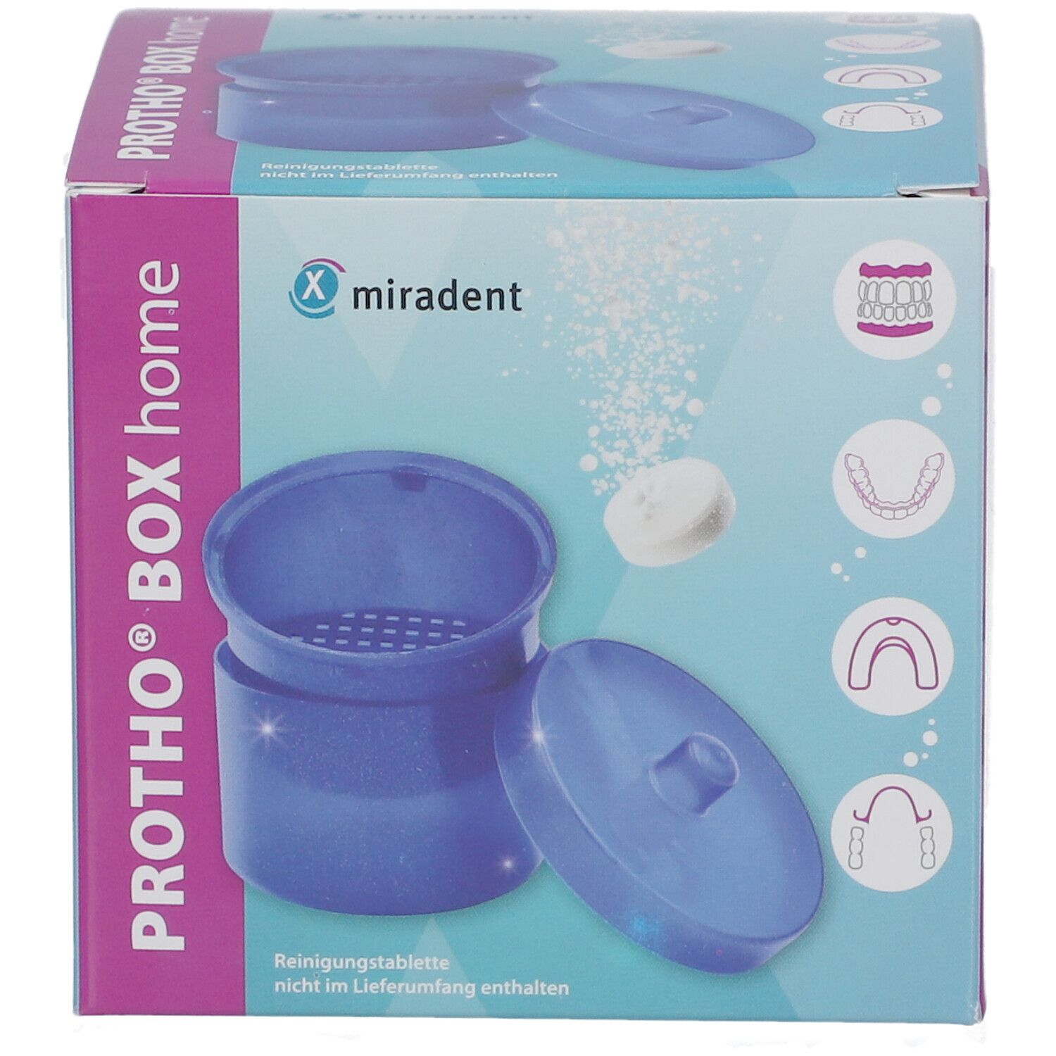 Blau-glitzernde Protho Box Home mit Deckel und herausnehmbarem Sieb. Auf der Verpackung sind Produktabbildungen und Logos zu sehen.
