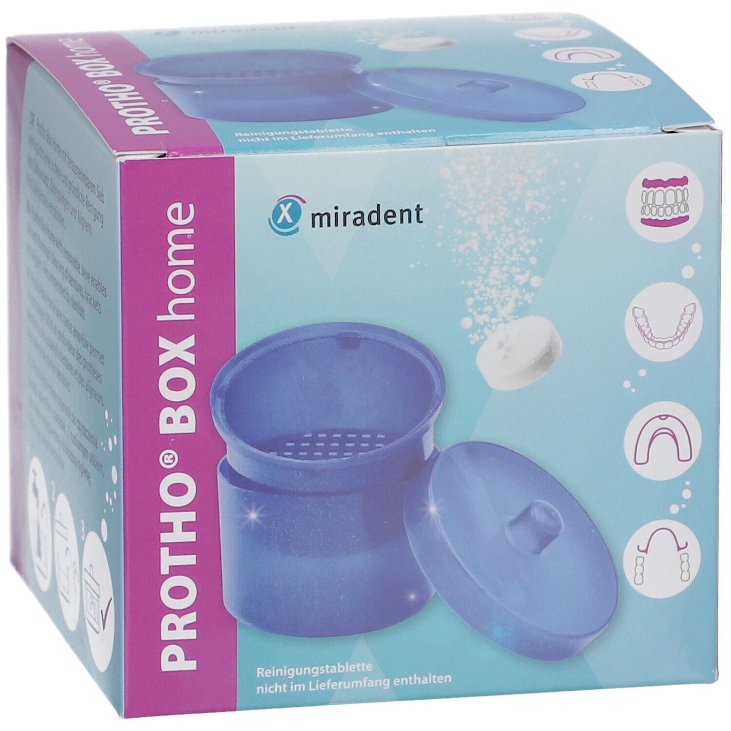 Blau-glitzernde Protho Box Home mit Deckel und herausnehmbarem Sieb. Auf der Verpackung sind Produktabbildungen und Logos zu sehen.