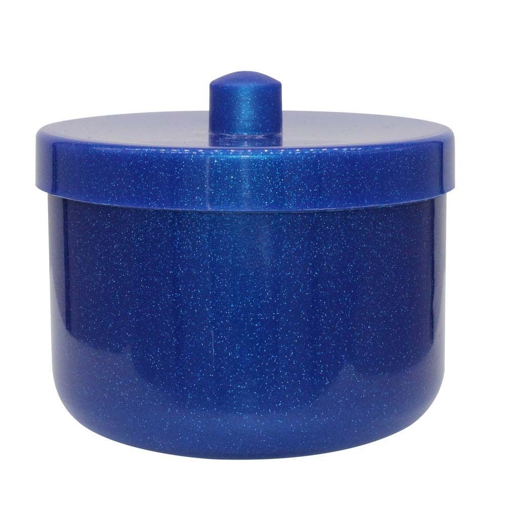 Blaue, glitzernde Box mit Deckel und Griff. Der Deckel hat einen kleinen Griff.