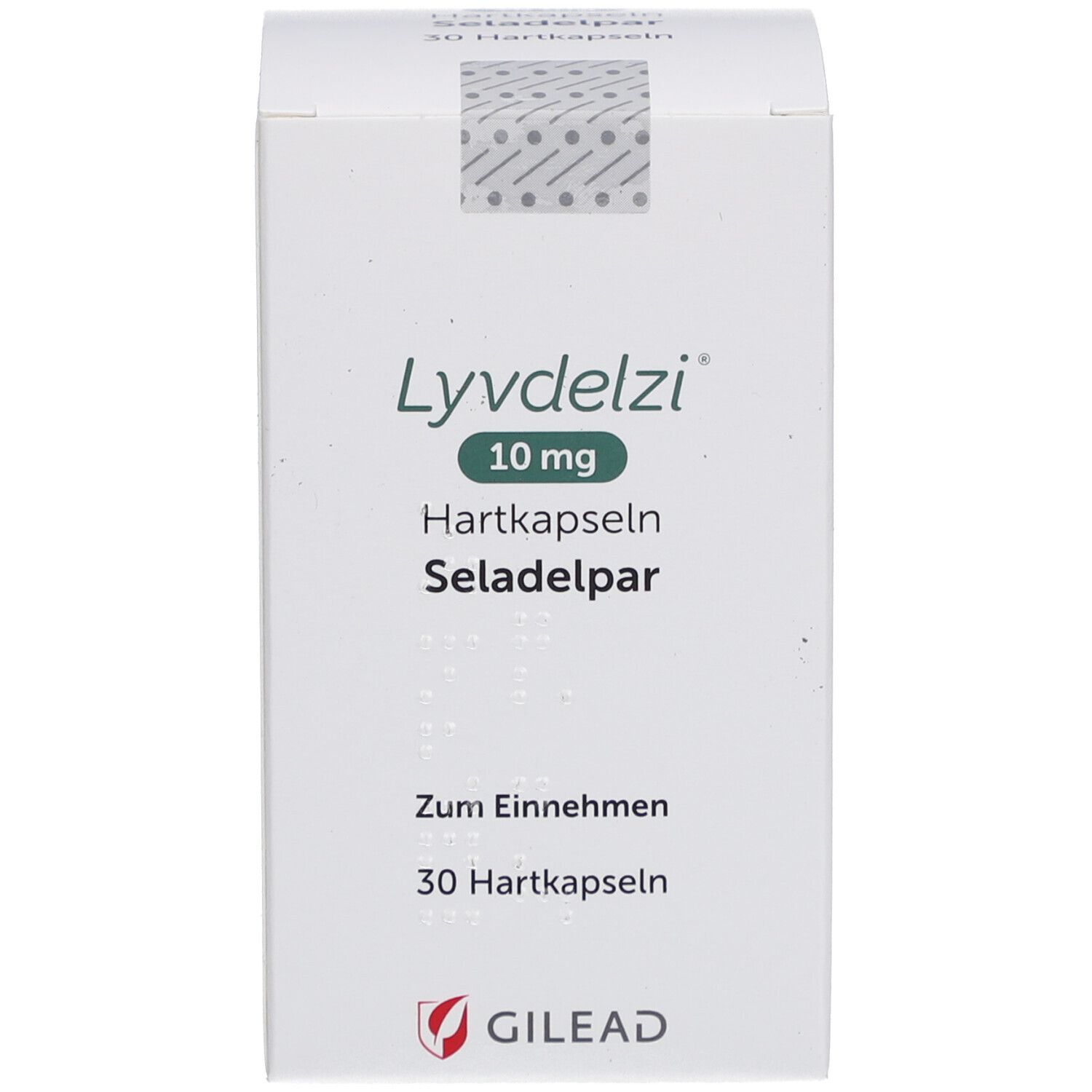 Schachtel mit LYVDELZI 10 mg Hartkapseln. Aufschrift: Seladelpar, 30 Hartkapseln. Logo: GILEAD.