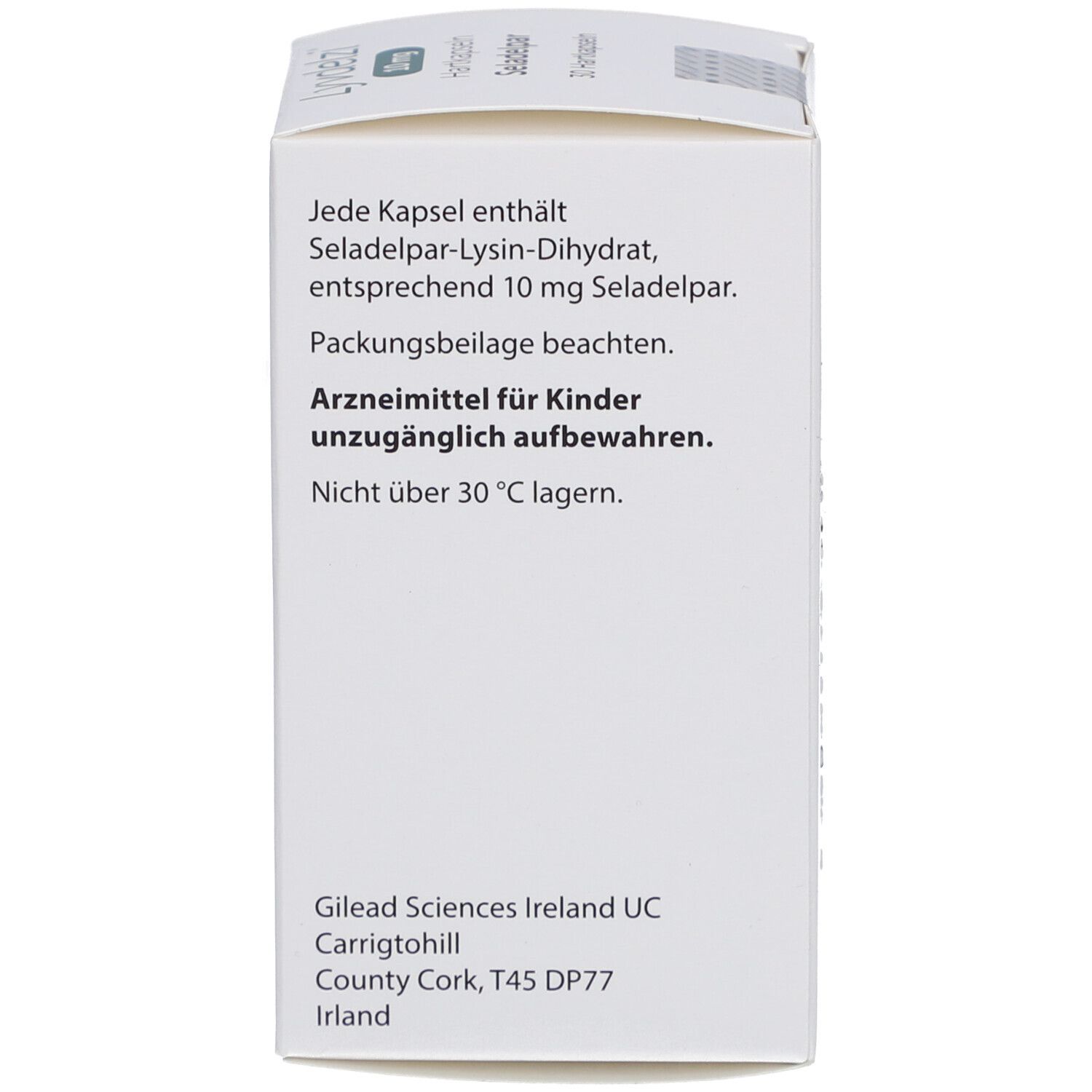 Rückseite der LYVDELZI-Verpackung. Text: Zusammensetzung, Lagerungshinweise, Warnhinweis. Anschrift: Gilead Sciences Ireland.