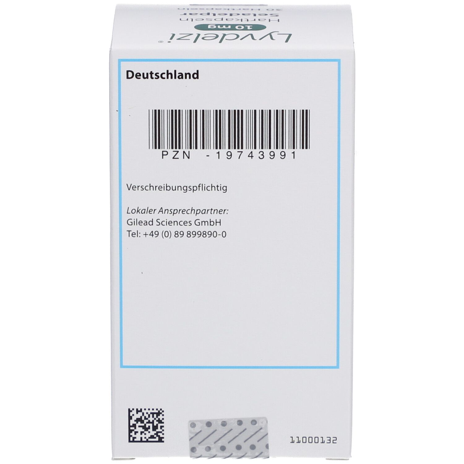 Rückseite der LYVDELZI-Verpackung. Text: PZN, Barcode, QR-Code. Anschrift: Gilead Sciences GmbH.