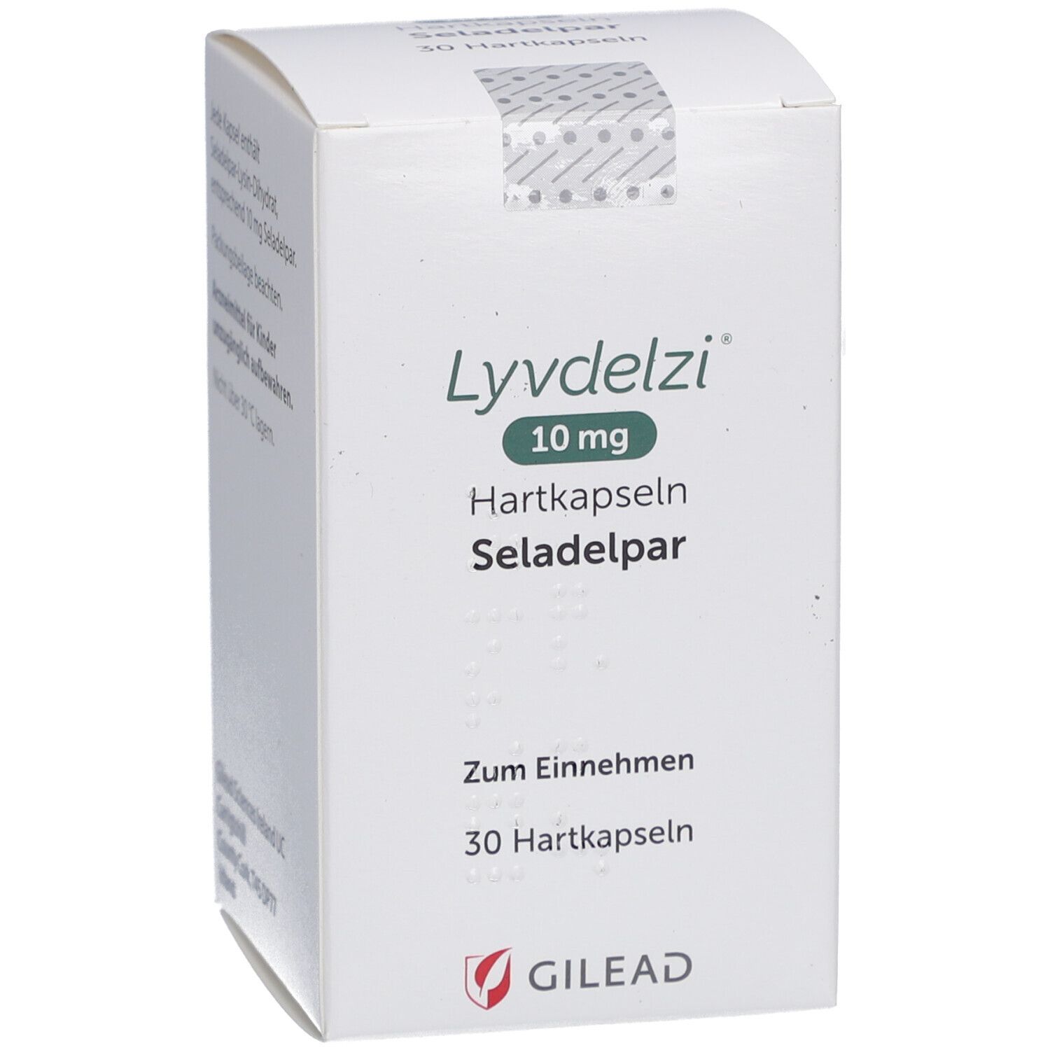 LYVDELZI 10 mg Hartkapseln-Schachtel. Aufschrift: Seladelpar, 30 Hartkapseln. Logo: GILEAD. Schrägansicht.