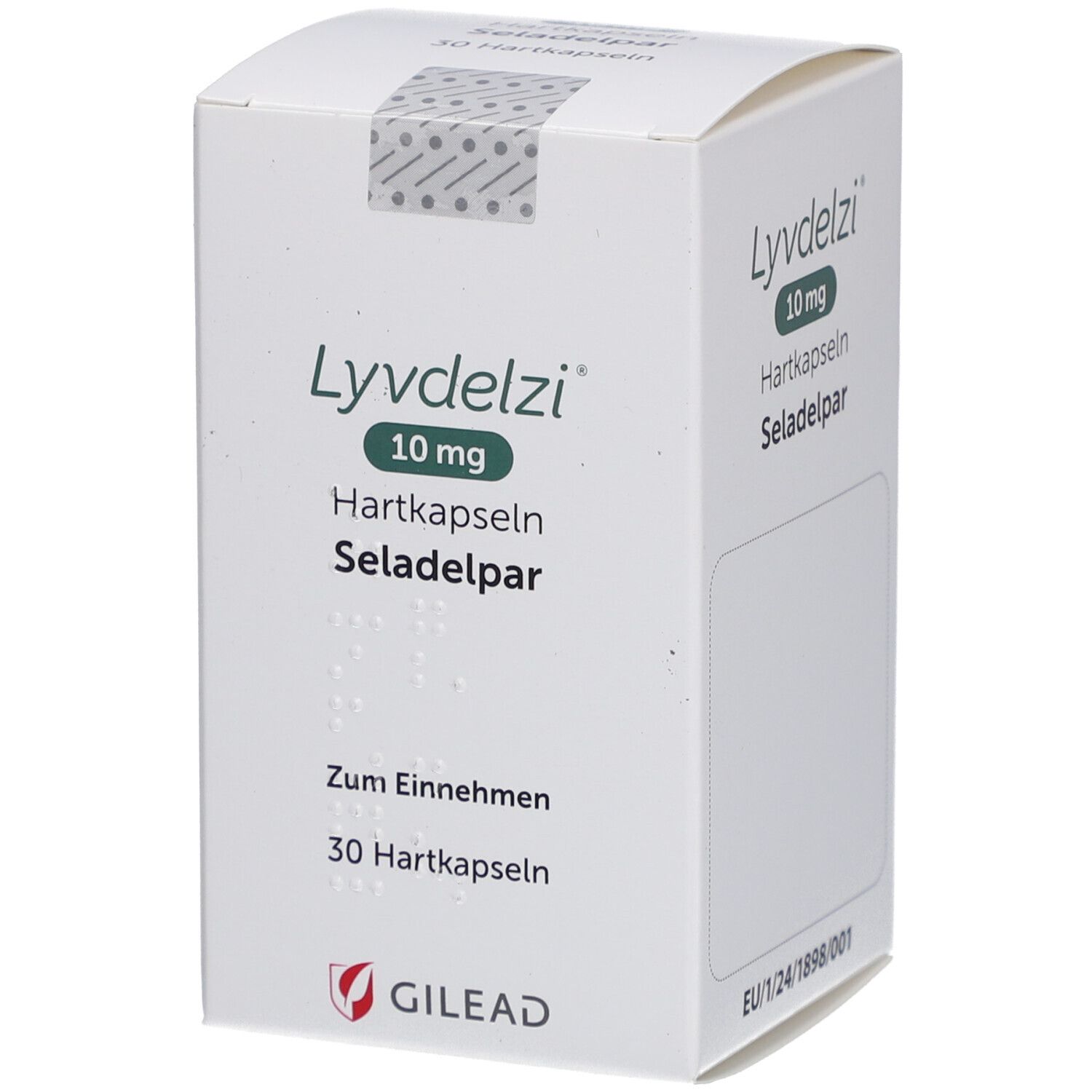 LYVDELZI 10 mg Hartkapseln-Schachtel. Aufschrift: Seladelpar, 30 Hartkapseln. Logo: GILEAD. Schrägansicht.