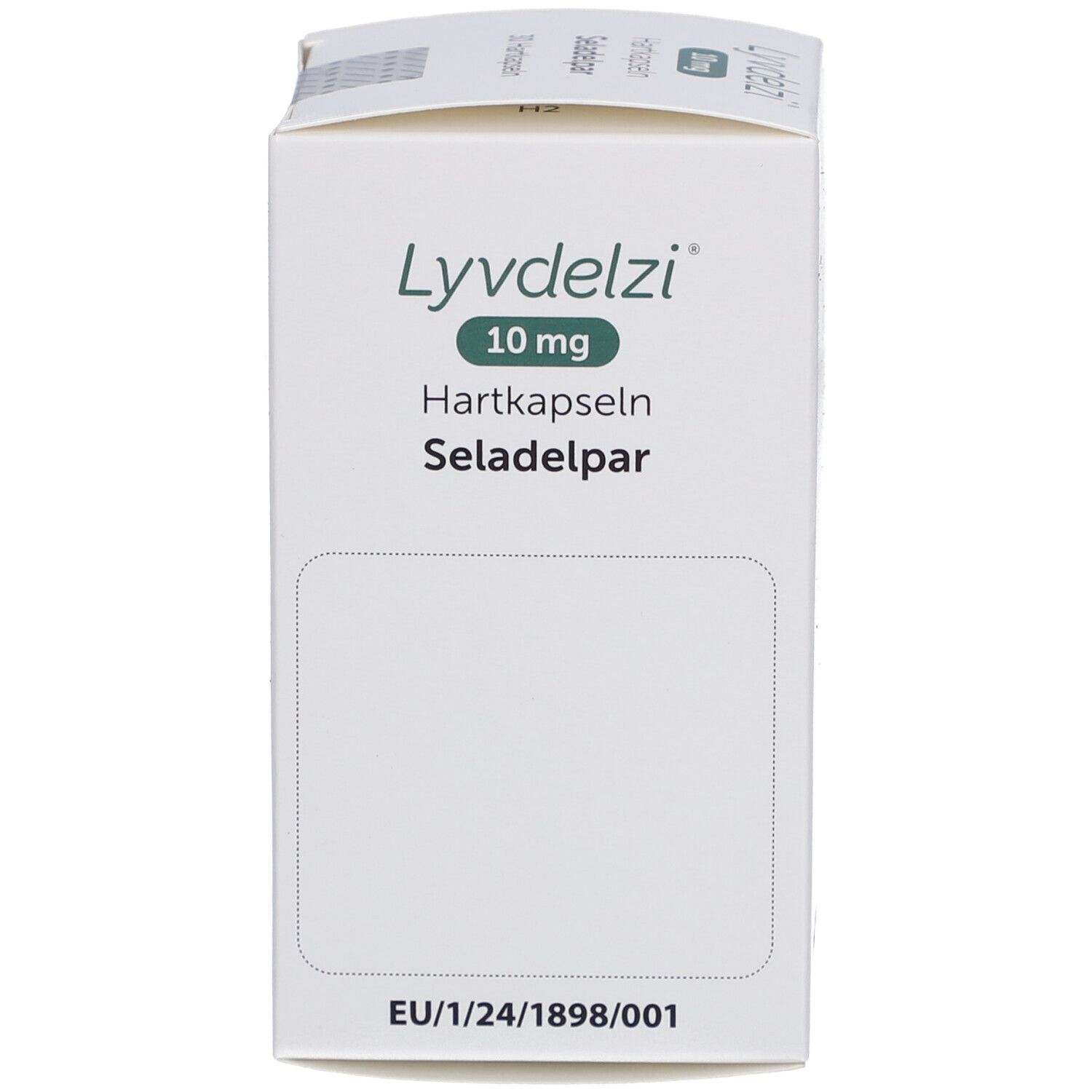 LYVDELZI 10 mg Hartkapseln-Schachtel. Aufschrift: Seladelpar, 30 Hartkapseln. Schrägansicht.