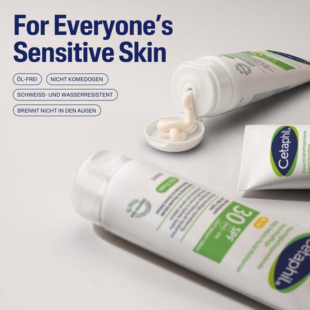 Produkt-Tuben. Text: Für empfindliche Haut. Ölfrei, nicht komedogen, schweiß- und wasserresistent, brennt nicht in den Augen.