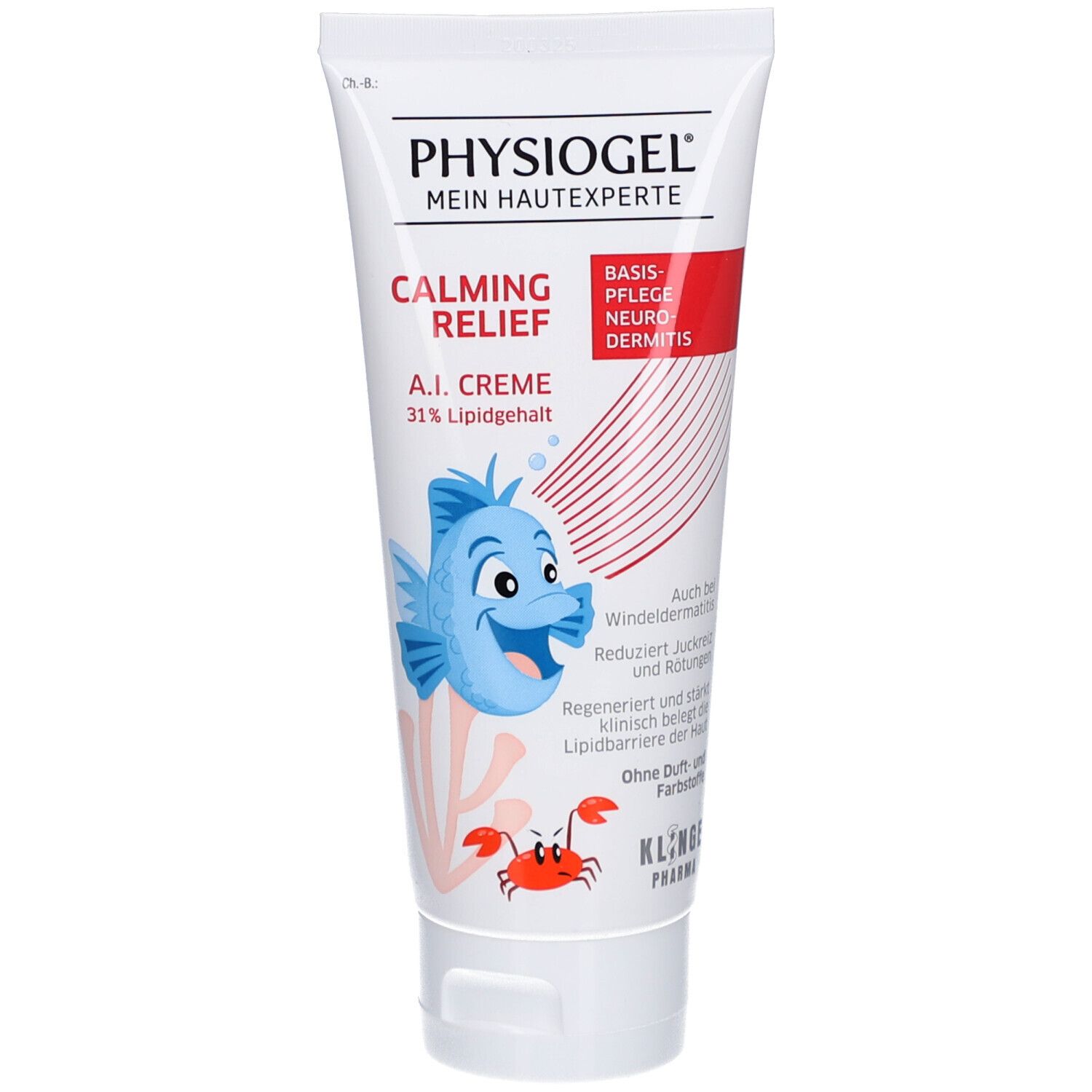 Creme-Tube mit Fisch-Illustration. Aufschrift: Physiogel Calming Relief A.I. Creme, 31% Lipidgehalt. Kinder-Edition.