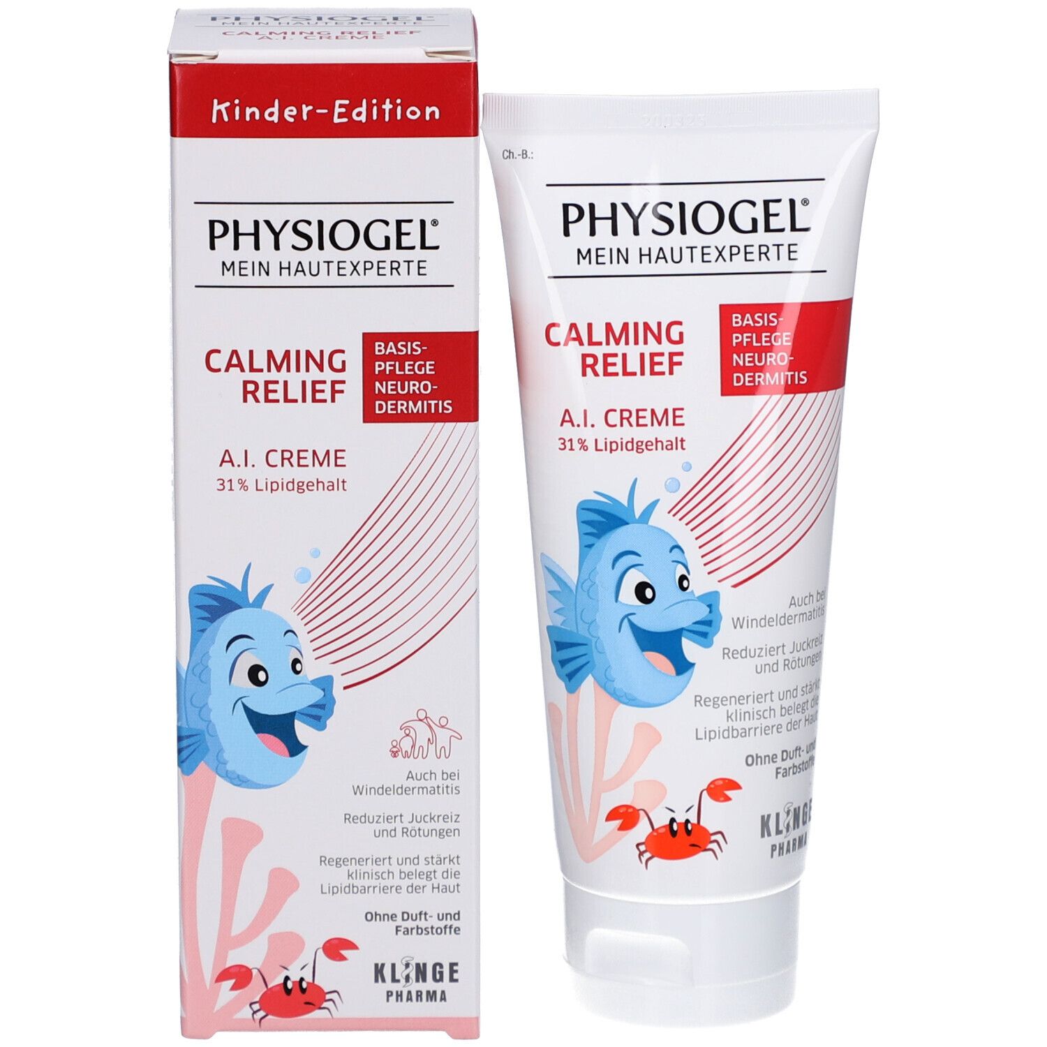 Produktverpackung: Tube und Schachtel. Aufschrift: Physiogel Calming Relief A.I. Creme, 31% Lipidgehalt. Kinder-Edition.