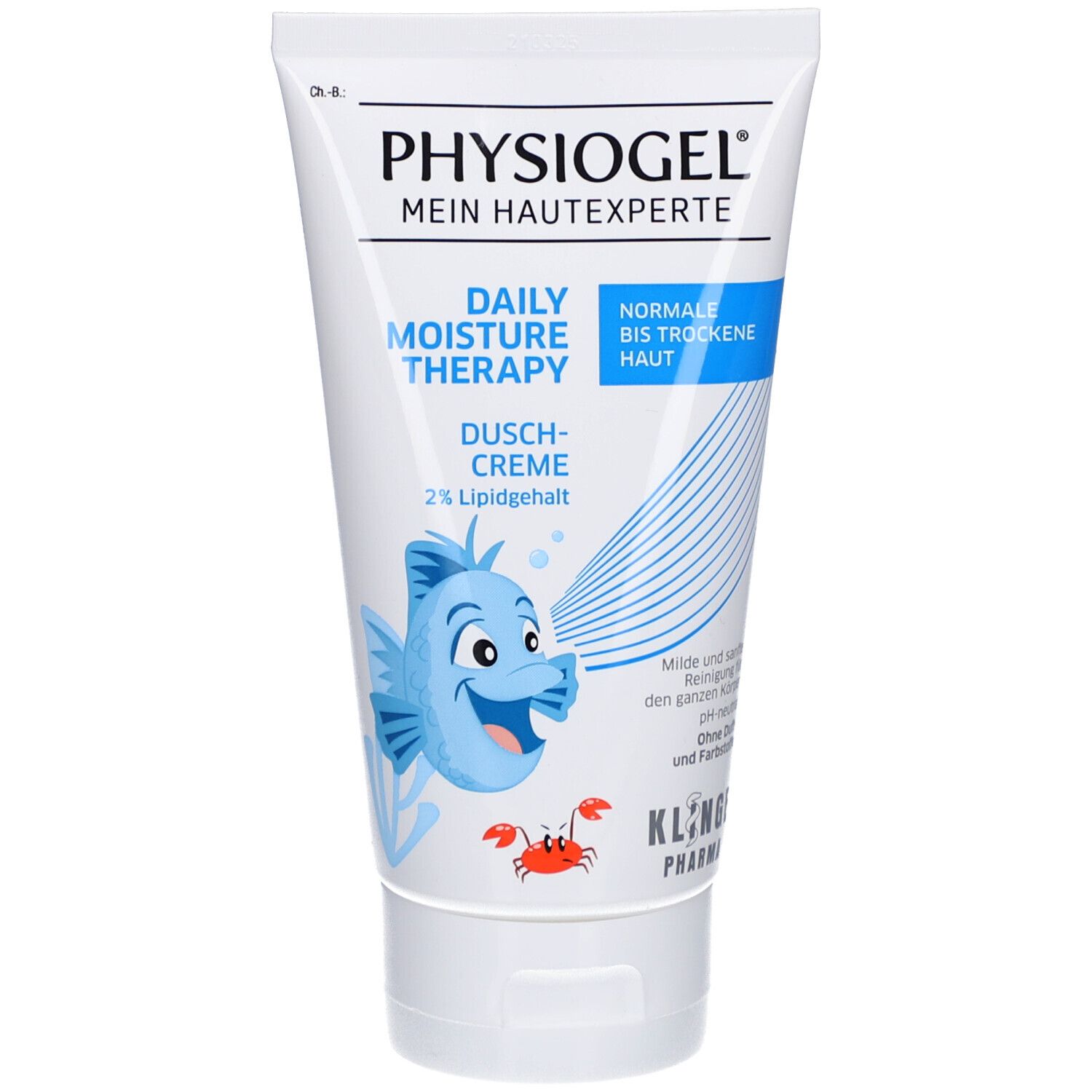 Weiße Tube mit blauer Schrift und Fisch-Illustration. Enthält 'Daily Moisture Therapy' und 'Dusch-Creme'.