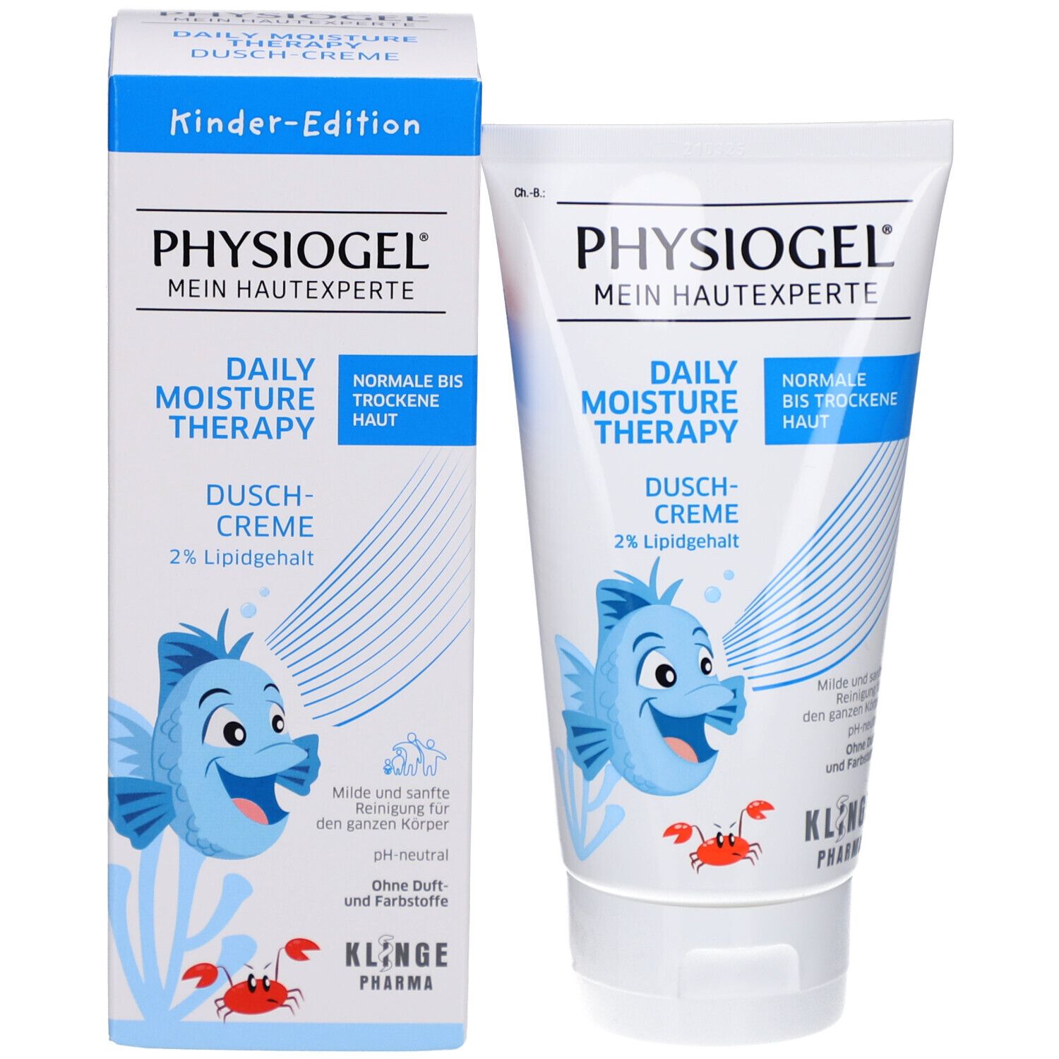 Produktverpackung mit Tube und Karton. Beide zeigen 'Physiogel' und 'Daily Moisture Therapy'. Fisch-Illustration.