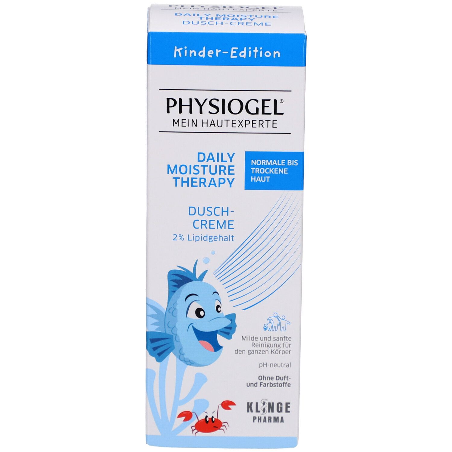 Kartonverpackung mit 'Physiogel' und 'Daily Moisture Therapy'. Fisch-Illustration. Blaue und weiße Farbgebung.