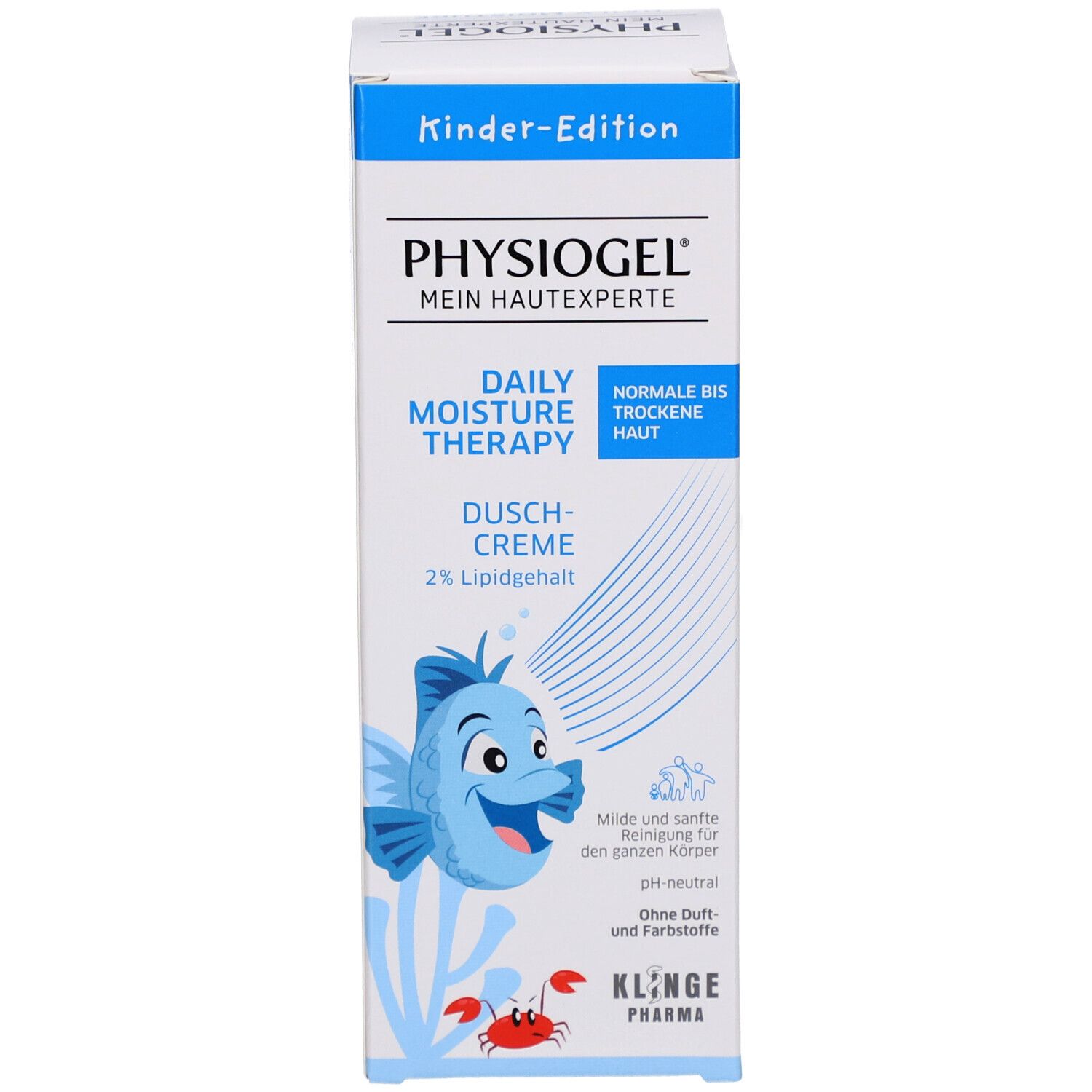 Kartonverpackung mit 'Physiogel' und 'Daily Moisture Therapy'. Fisch-Illustration. Blaue und weiße Farbgebung.