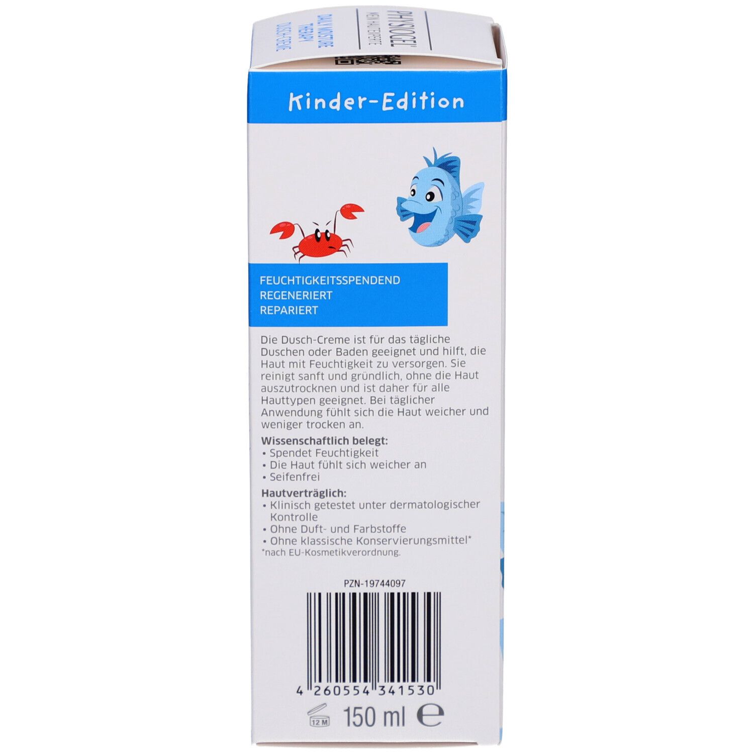 Seite der Kartonverpackung. Text in deutscher Sprache. Enthält Informationen und Inhaltsstoffe.