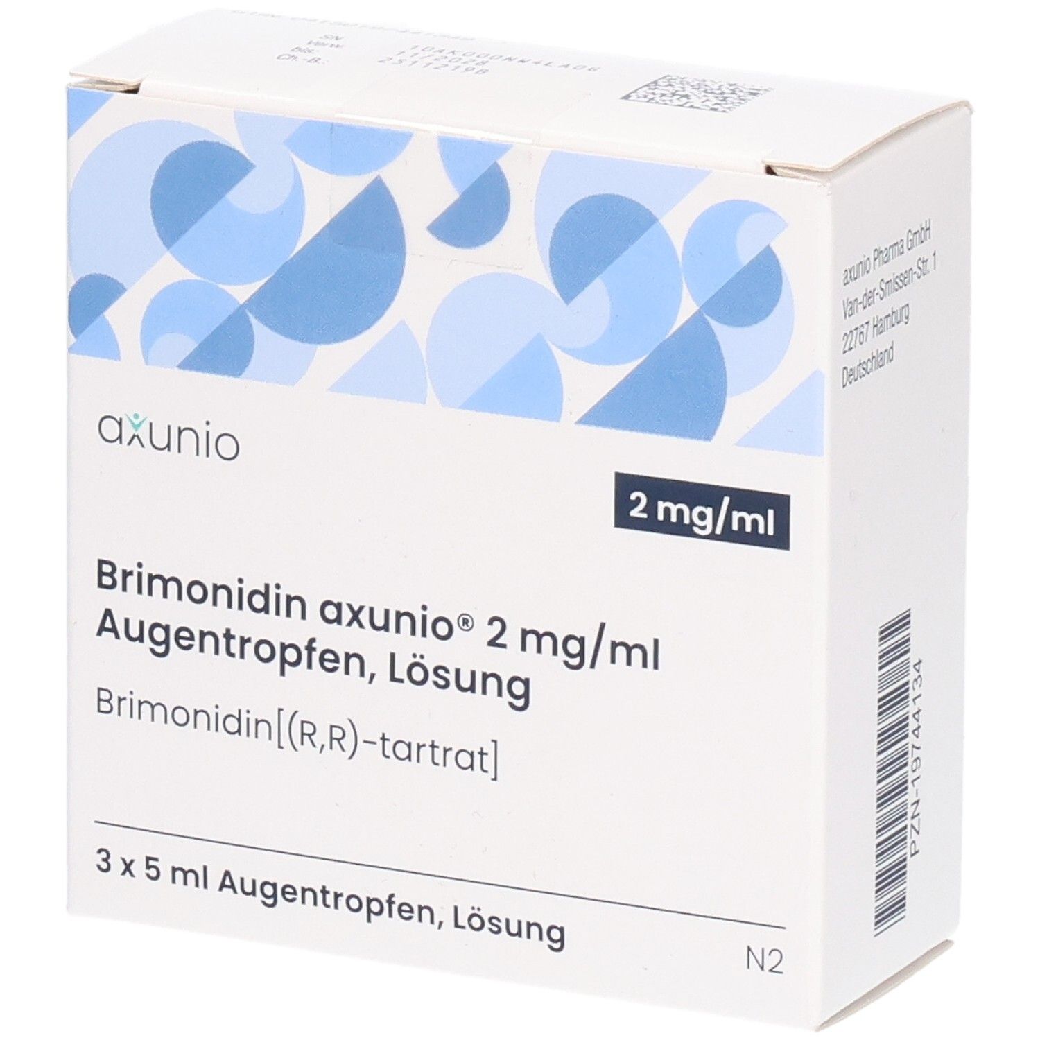 Weiße Faltschachtel mit blauen Mustern. Aufdruck: axunio, 2 mg/ml, Brimonidin axunio 2 mg/ml Augentropfen Lösung, 3 x 5 ml Augentropfen, Lösung.