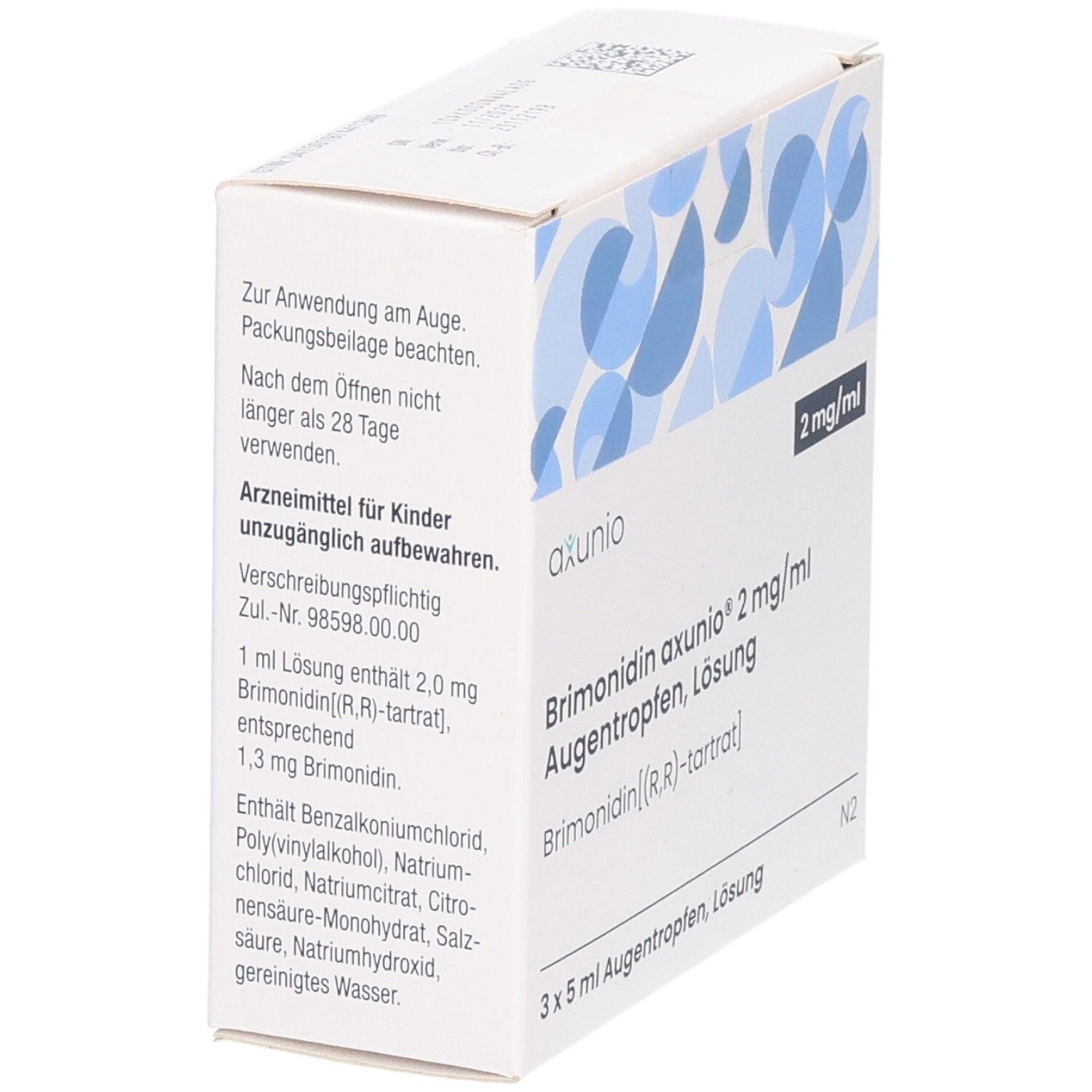 Weiße Faltschachtel mit blauen Mustern. Aufdruck: axunio, 2 mg/ml, Brimonidin axunio 2 mg/ml Augentropfen Lösung, 3 x 5 ml Augentropfen, Lösung. Text.
