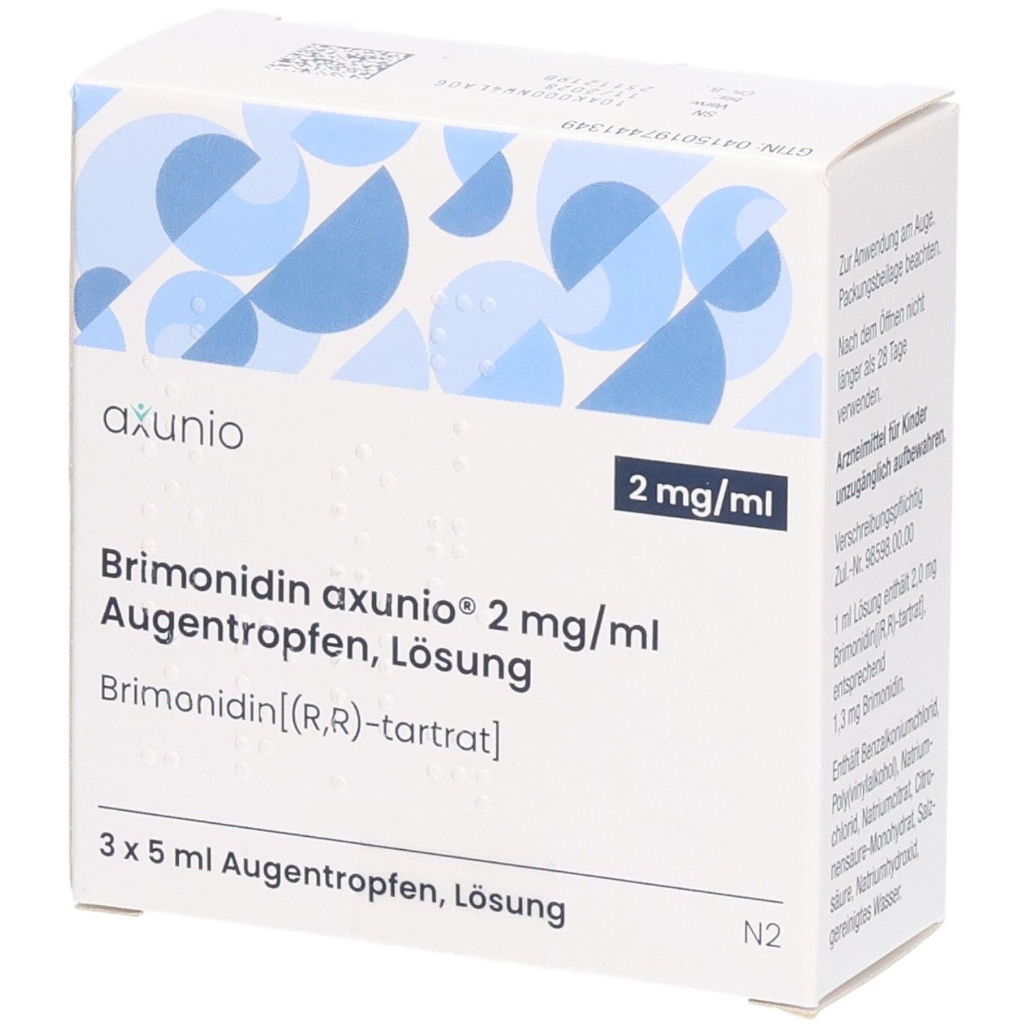 Weiße Faltschachtel mit blauen Mustern. Aufdruck: axunio, 2 mg/ml, Brimonidin axunio 2 mg/ml Augentropfen Lösung, 3 x 5 ml Augentropfen, Lösung.