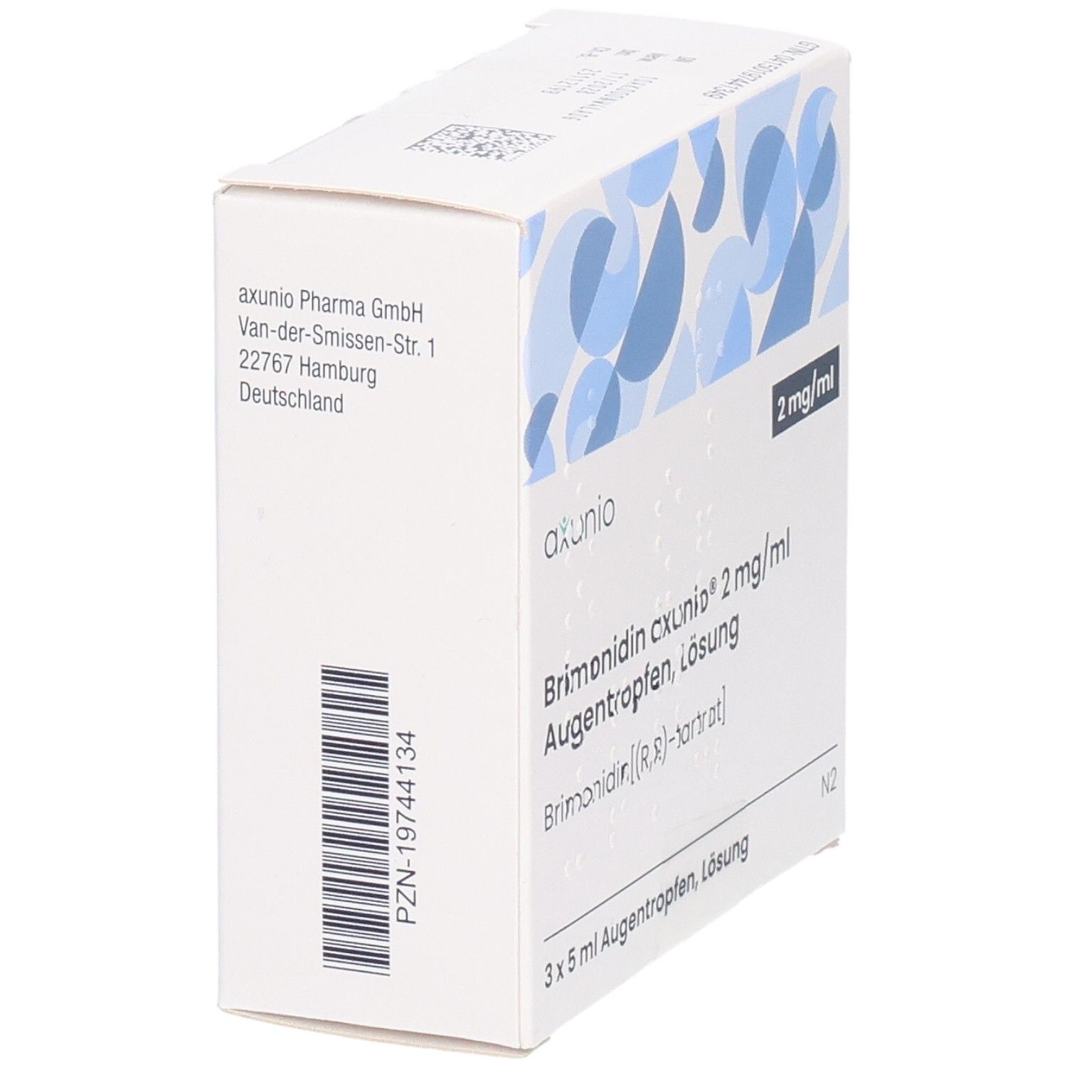 Weiße Faltschachtel mit blauen Mustern. Aufdruck: axunio, 2 mg/ml, Brimonidin axunio 2 mg/ml Augentropfen Lösung, 3 x 5 ml Augentropfen, Lösung.