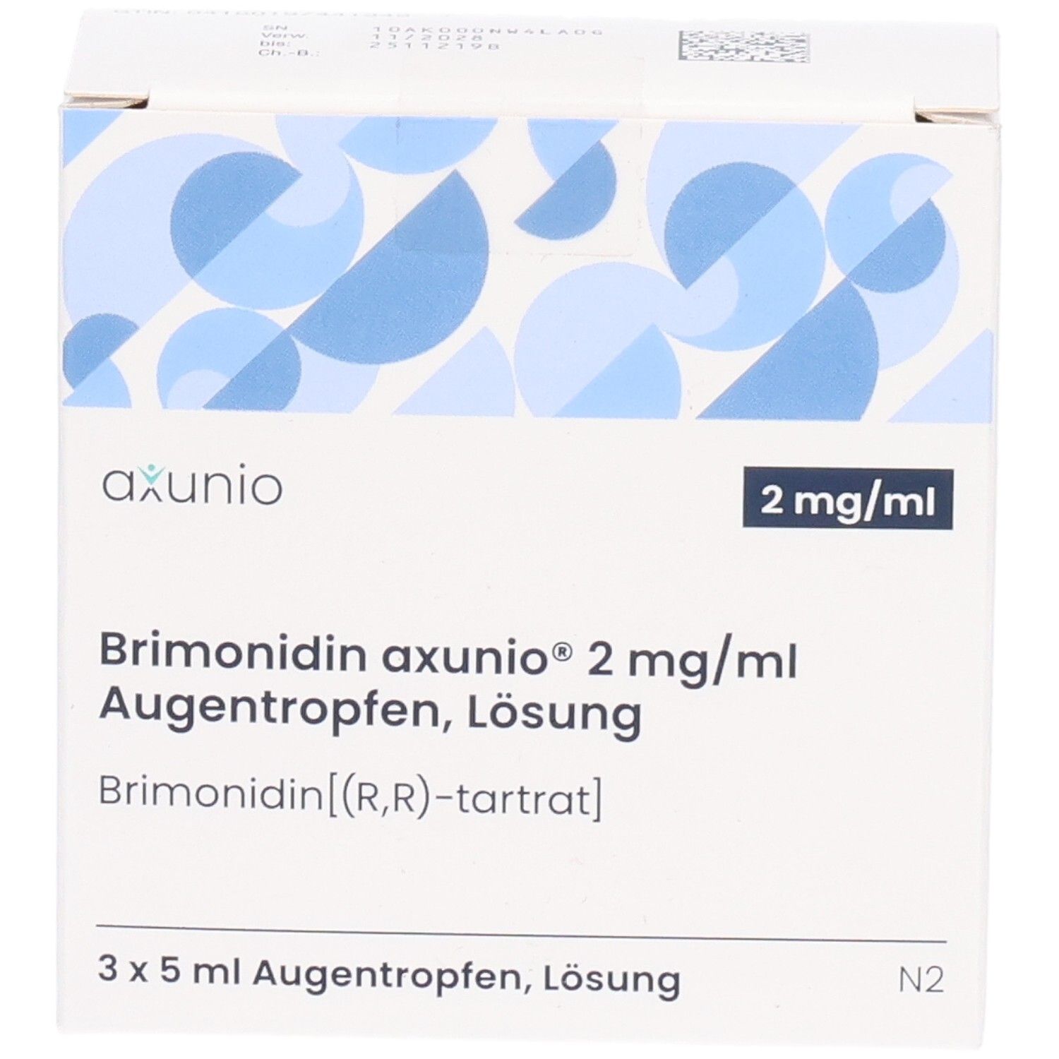 Weiße Faltschachtel mit blauen Mustern. Aufdruck: axunio, 2 mg/ml, Brimonidin axunio 2 mg/ml Augentropfen Lösung, 3 x 5 ml Augentropfen, Lösung.