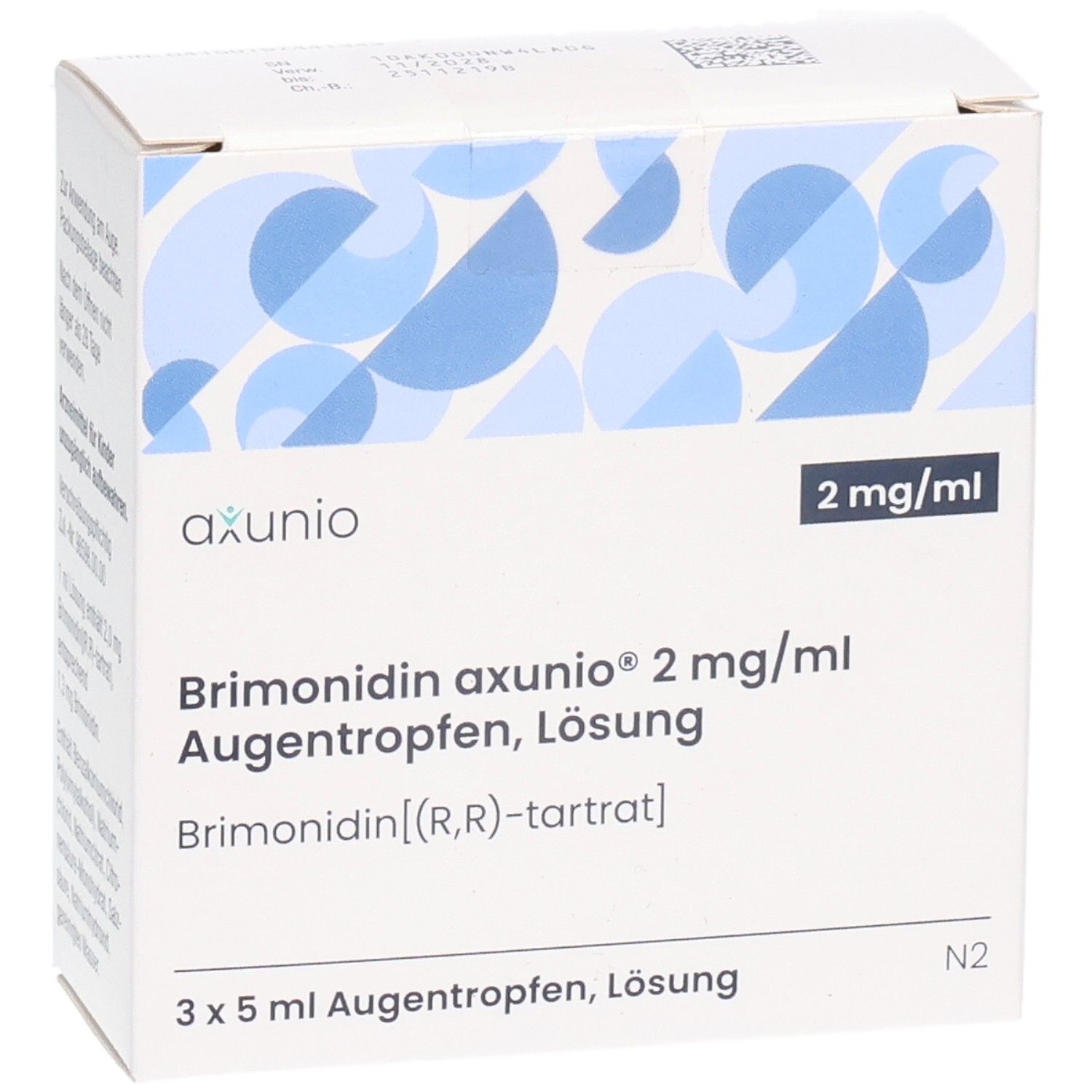 Weiße Faltschachtel mit blauen Mustern. Aufdruck: axunio, 2 mg/ml, Brimonidin axunio 2 mg/ml Augentropfen Lösung, 3 x 5 ml Augentropfen, Lösung.