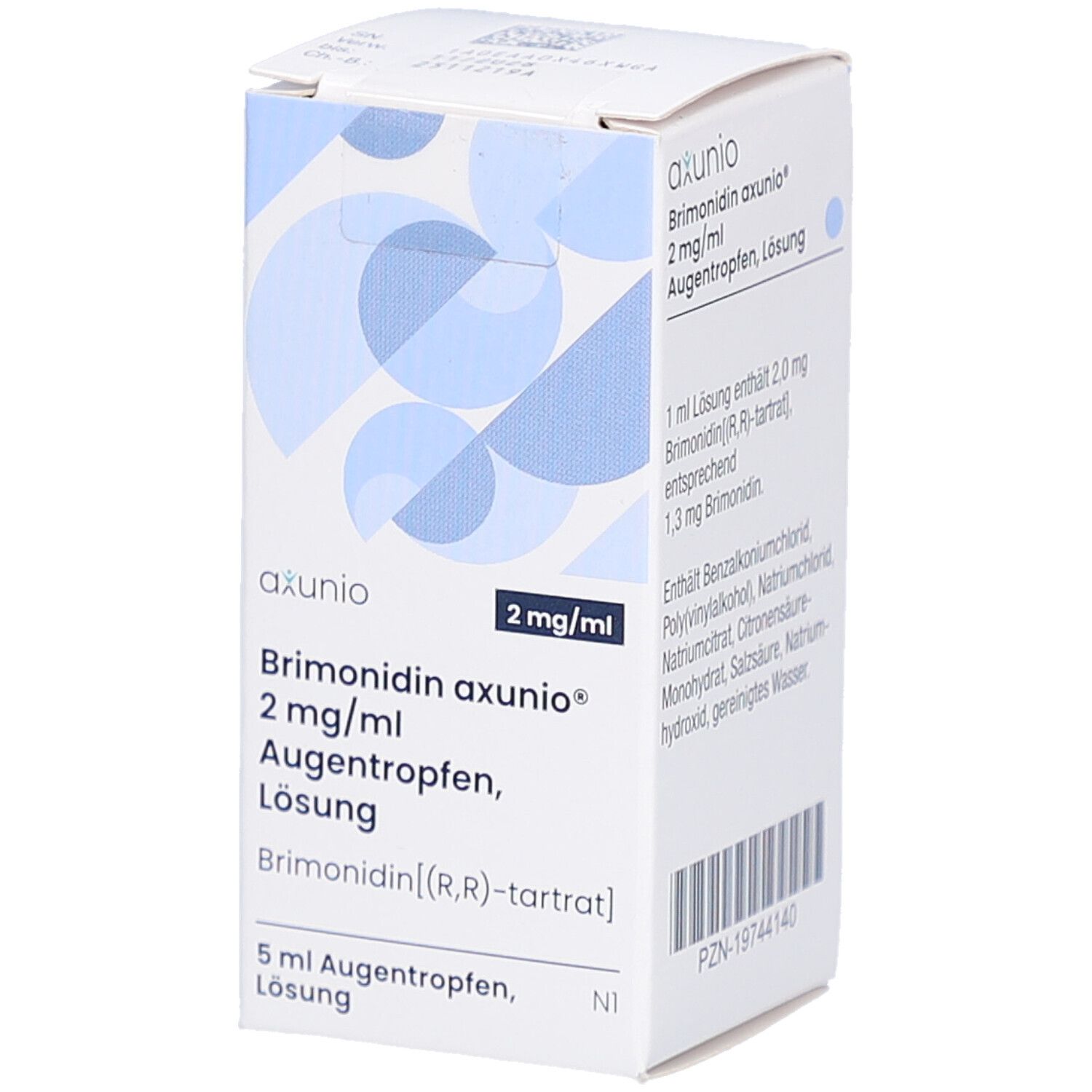 Karton mit Produktinformationen. Enthält axunio 2 mg/ml Augentropfen Lösung. Blaue Designelemente. PZN-19744140.