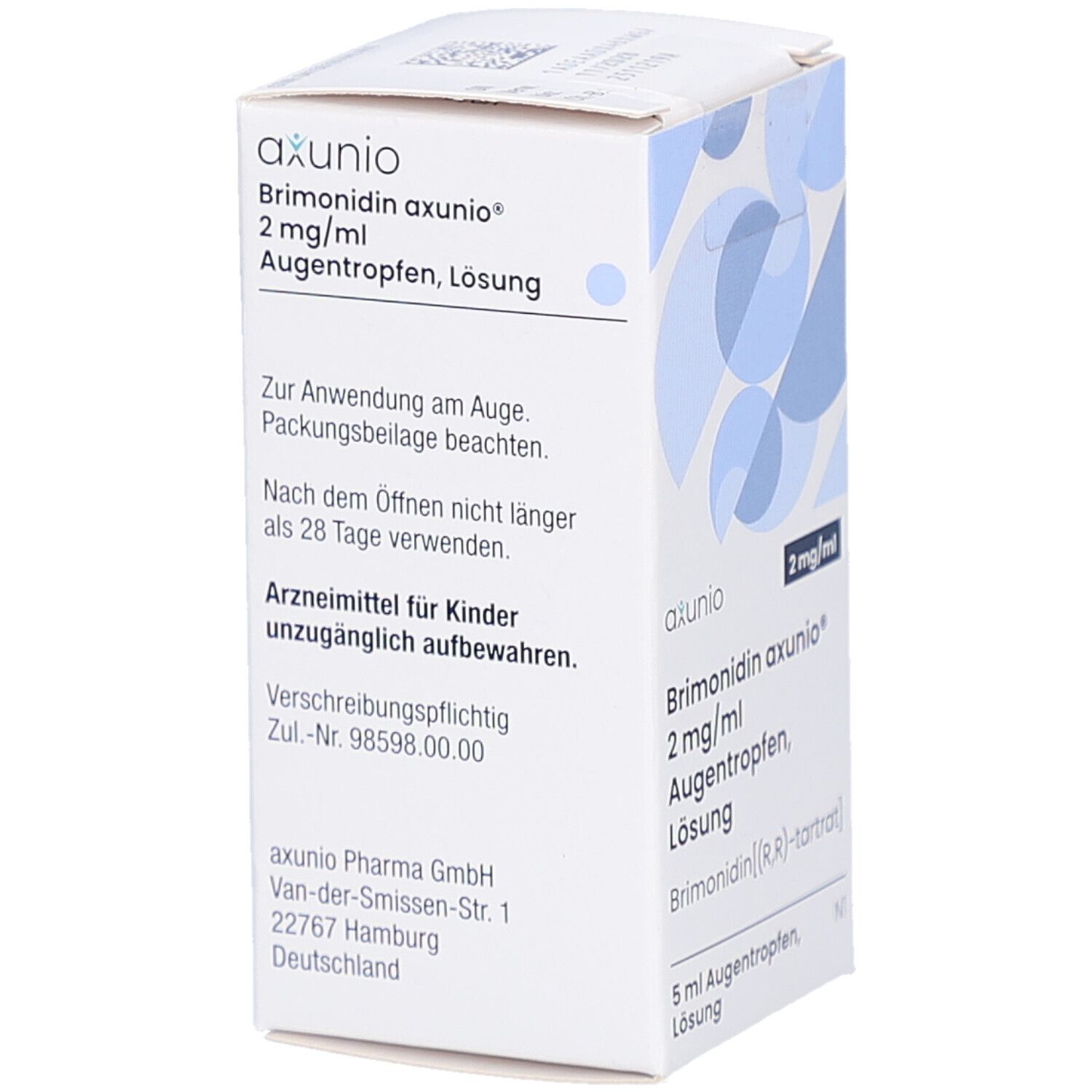 Karton mit Produktinformationen. axunio 2 mg/ml Augentropfen Lösung. Text zur Anwendung am Auge. Anschrift des Herstellers.