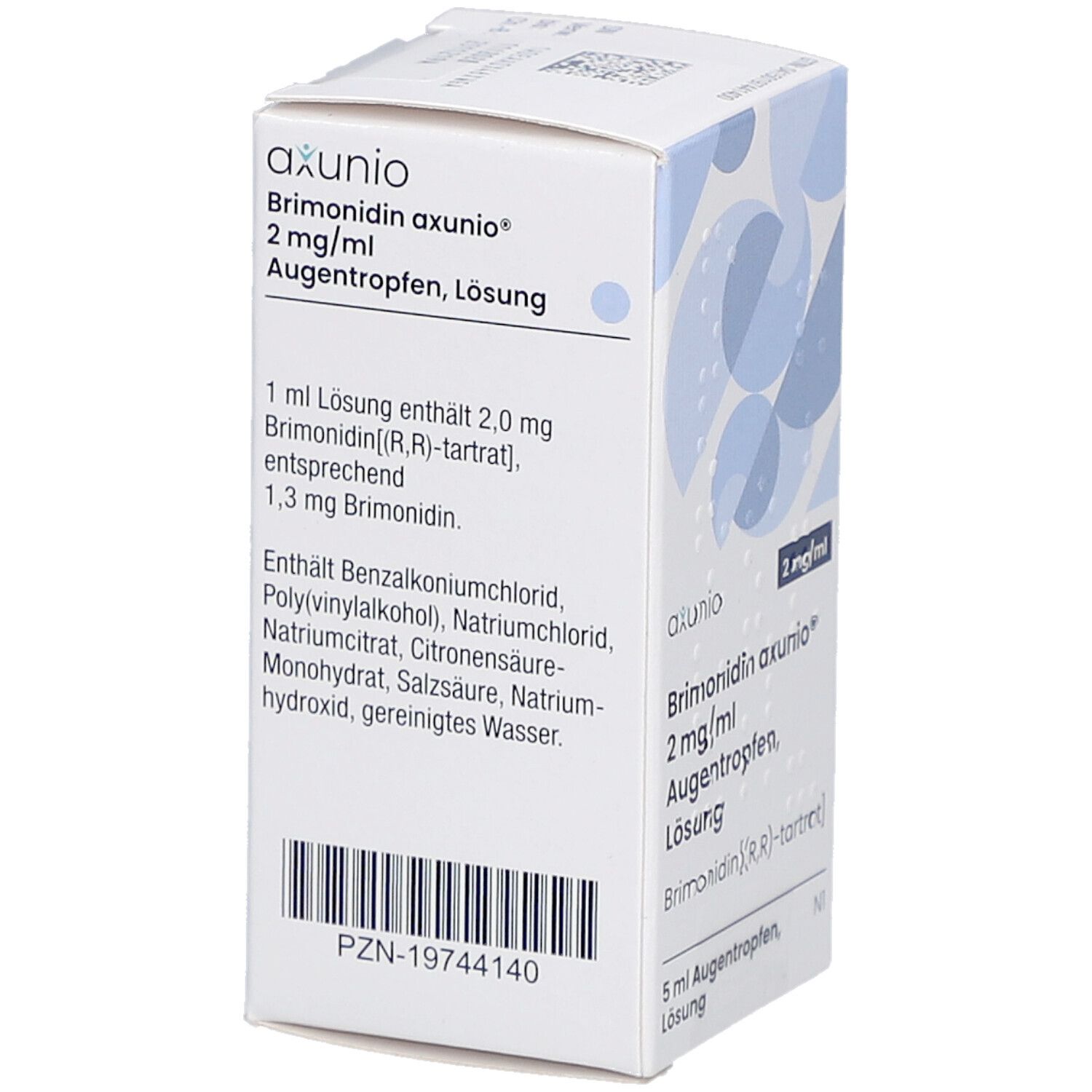 Karton mit Produktinformationen. axunio 2 mg/ml Augentropfen Lösung. Inhaltsstoffe und Dosierung. PZN-19744140.