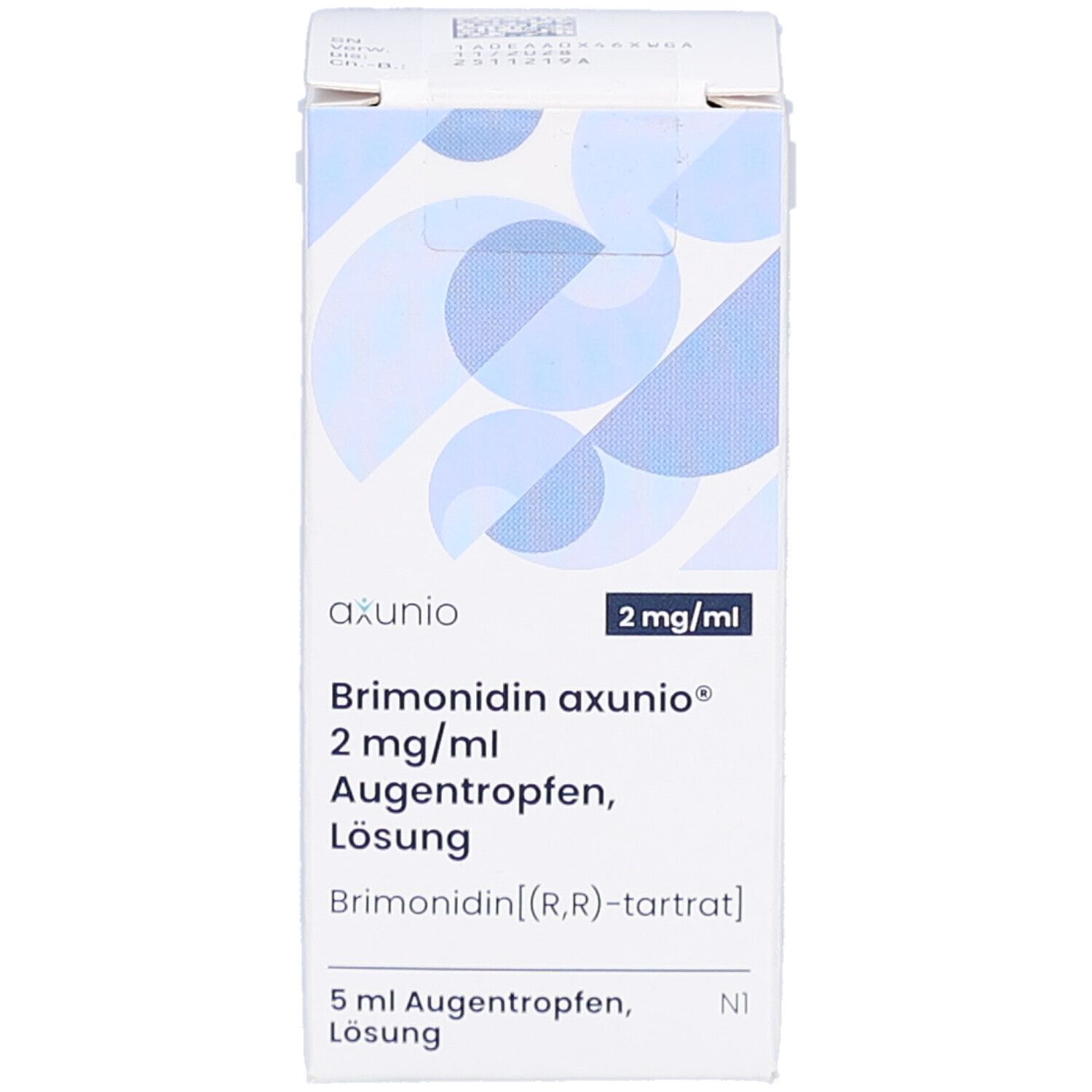 Karton mit Produktinformationen. axunio 2 mg/ml Augentropfen Lösung. Blaue Designelemente. 5 ml Augentropfen.