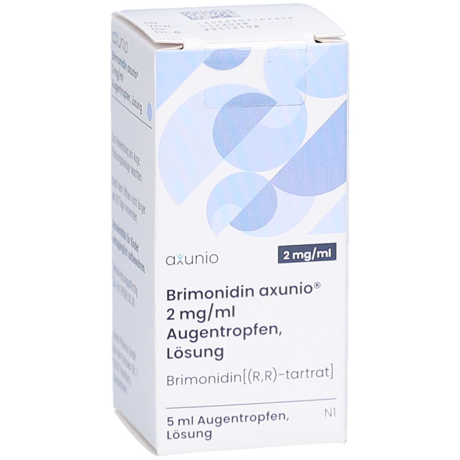 Karton mit Produktinformationen. axunio 2 mg/ml Augentropfen Lösung. Blaue Designelemente. 5 ml Augentropfen.